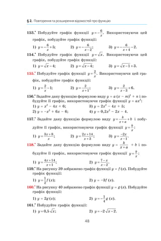 48
§ 2.  Повторення та розширення відомостей про функцію
153.•
Побудуйте графік функції y
x
= −
6
. Використовуючи цей
графік, побудуйте графік функції:
1) y
x
= − +
6
5; 	 2) y
x
= −
−
6
2
;	 3) y
x
= − −
+
6
4
2.
154.•
Побудуйте графік функції y x= . Використовуючи цей
графік, побудуйте графік функції:
1) y x= − 4; 	 2) y x= − 4;	 3) y x= − +1 3.
155.•
Побудуйте графік функції y
x
=
2
. Використовуючи цей гра-
фік, побудуйте графік функції:
1) y
x
= −
2
1;	 2) y
x
=
+
2
1
; 	 3) y
x
= +
−
2
3
6.
156.•
Задайте дану функцію формулою виду y = a (x – m)2
 + n і по-
будуйте її графік, використовуючи графік функції y = ax2
:
1) y = x2
 – 4x + 6;	 3) y = 2x2
 – 4x + 5;
2) y = –x2
 + 6x – 6;	 4) y = 0,2x2
 – 2x – 4.
157.•
Задайте дану функцію формулою виду y b
k
x a
= +
+
і побу-
дуйте її графік, використовуючи графік функції y
k
x
= :
1) y
x
x
=
+3 8
; 	 2) y
x
x
=
+
+
2 14
3
; 	 3) y
x
x
=
−
−
2
1
.
158.•
Задайте дану функцію формулою виду y = 
k
x a+
 + b і по-
будуйте її графік, використовуючи графік функції y
k
x
= :
1) y
x
x
=
+
+
4 14
1
; 	 2) y
x
x
=
−
−
7
2
.
159.•
На рисунку 39 зображено графік функції y = f (x). Побудуйте
графік функції:
1) y f x=
1
2
( ); 	 2) y = –3f (x).
160.•
На рисунку 40 зображено графік функції y = g (x). Побудуйте
графік функції:
1) y = 2g  (x); 	 2) y g x= −
1
4
( ).
161.•
Побудуйте графік функції:
1) y x= 0 5, ;	 2) y x= − −2 2.
 
