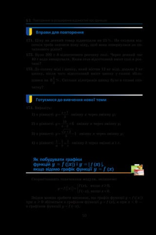 50
§ 2.  Повторення та розширення відомостей про функцію
171. Ціну на деякий товар підвищили на 25 %. На скільки від-
сотків треба знизити нову ціну, щоб вона повернулася до по-
чаткового рівня?
172. Було 200 г 8-відсоткового розчину солі. Через деякий час
40 г води випарували. Яким став відсотковий вміст солі в роз-
чині?
173. До сплаву міді і цинку, який містив 12 кг міді, додали 2 кг
цинку, після чого відсотковий вміст цинку у сплаві збіль­-
шився на 8
1
3
%. Скільки кілограмів цинку було в сплаві спо­
чатку?
174. Виразіть:
1) з рівності y
x
=
+ 7
3
змінну x через змінну y;
2) з рівності y
x
= +
−
10
2
6 змінну x через змінну y;
3) з рівності y
x
= −
+ 2
5
1 змінну x через змінну y;
4) з рівності 1 1 1
a b c
− = змінну b через змінні a і c.
Як побудувати графіки
функцій y = f ( | x | ) і y = | f (x) |,
якщо відомо графік функції y = f (x)
Скориставшись означенням модуля, запишемо:
y f x
f x x
f x x
= ( )=
− 



( ), ,
( ), .
якщо
якщо
l 0
0
Звідси можна зробити висновок, що графік функції y = f ( | x | )
при x l 0 збігається з графіком функції y = f (x), а при x  0 —
з графіком функції y = f (–x).
 