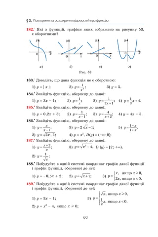 60
§ 2.  Повторення та розширення відомостей про функцію
182.° Які з  функцій, графіки яких зображено на рисунку 53,
є оборотними?
а) б) в) г)
Рис. 53
183.° Доведіть, що дана функція не є оборотною:
1) y = | x |;	 2) y
x
=
1
4
;	 3) y = 5.
184.•
Знайдіть функцію, обернену до даної:
1) y = 3x – 1;	 2) y
x
=
1
; 	 3) y
x
=
+
1
2 1
; 	 4) y x= +
1
3
4.
185.•
Знайдіть функцію, обернену до даної:
1) y = 0,2x + 3;	 2) y
x
=
−
1
1
; 	 3) y
x
=
+
4
2
; 	 4) y = 4x – 5.
186.•
Знайдіть функцію, обернену до даної:
1) y
x
x
=
−1
; 	 3) y x= −2 1;	 5) y
x
x
=
−
+
1
1
.
2) y x= −2 1;	 4) y = x2
, D (y) = (–∞; 0];	
187.•
Знайдіть функцію, обернену до даної:
1) y
x
x
=
+ 2
; 	 3) y x= −2
4, D (y) = [2; +∞).
2) y
x
=
1
;	
188.•
Побудуйте в одній системі координат графік даної функції
і графік функції, оберненої до неї:
1) y = – 0,5x + 2;	 2) y x= +1; 3) y
x x
x x
=




, ,
, .
якщо
якщо
l 0
2 0
189.•
Побудуйте в одній системі координат графік даної функції
і графік функції, оберненої до неї:
1) y = 3x – 1; 	 3) y
x x
x x
=





, ,
, .
якщо
якщо
l 0
0
1
2
2) y = x2
 – 4, якщо x l 0;
 