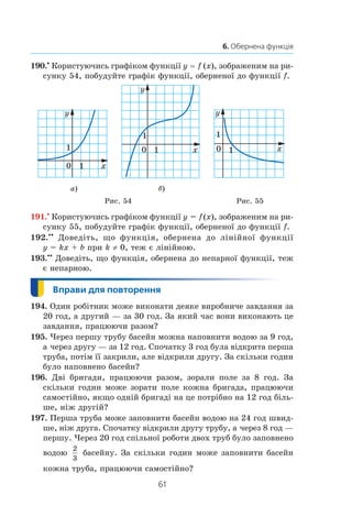 61
6. Обернена функція
190.•
Користуючись графіком функції y = f (x), зображеним на ри-
сунку 54, побудуйте графік функції, оберненої до функції f.
а) б)
Рис. 54 Рис. 55
191.•
 Користуючись графіком функції y = f (x), зображеним на ри-
сунку 55, побудуйте графік функції, оберненої до функції f.
192.• 
•
  Доведіть, що функція, обернена до лінійної функції
y = kx + b при k ≠ 0, теж є лінійною.
193.• 
•
 Доведіть, що функція, обернена до непарної функції, теж
є непарною.
194. Один робітник може виконати деяке виробниче завдання за
20 год, а другий — за 30 год. За який час вони виконають це
завдання, працюючи разом?
195. Через першу трубу басейн можна наповнити водою за 9 год,
а через другу — за 12 год. Спочатку 3 год була відкрита перша
труба, потім її закрили, але відкрили другу. За скільки годин
було наповнено басейн?
196.  Дві бригади, працюючи разом, зорали поле за 8  год. За
скільки годин може зорати поле кожна бригада, працюючи
самостійно, якщо одній бригаді на це потрібно на 12 год біль-
ше, ніж другій?
197. Перша труба може заповнити басейн водою на 24 год швид-
ше, ніж друга. Спочатку відкрили другу трубу, а через 8 год —
першу. Через 20 год спільної роботи двох труб було заповнено
водою
2
3
 басейну. За скільки годин може заповнити басейн
кожна труба, працюючи само­стійно?
 