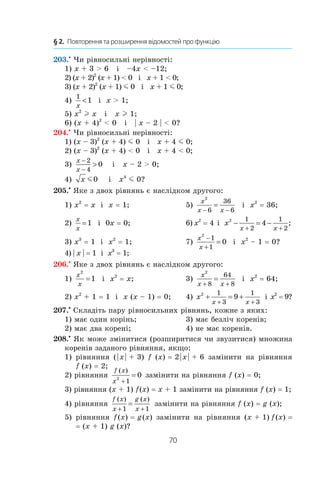 70
§ 2.  Повторення та розширення відомостей про функцію
203.•
Чи рівносильні нерівності:
1) x + 3  6 і   –4x  –12;
2) (x + 2)2
(x + 1)  0 і  x + 1  0;	
3) (x + 2)2
(x + 1) m 0 і  x + 1 m 0;	
4)
1
1
x
 і  x  1;	
5) x2
l x і  x l 1;
6) (x + 4)2
  0 і   | x – 2 |  0?
204.•
Чи рівносильні нерівності:
1) (x – 3)2
(x + 4) m 0 і  x + 4 m 0;	
2) (x – 3)2
(x + 4)  0 і  x + 4  0;	
3)
x
x
−
−

2
4
0 і  x – 2  0;
4) x m0 і  x4
m 0?
205.•
Яке з двох рівнянь є наслідком другого:
1) x2
 = x і  x = 1;	 5)
x
x x
2
6
36
6− −
= і  x2
 = 36;
2)
x
x
=1 і  0x = 0;	 6) x2
 = 4 і  x
x x
2 1
2
1
2
4− = −
+ +
;
3) x3
 = 1 і  x2
 = 1;	 7)
x
x
2
1
1
0
−
+
= і  x2
 – 1 = 0?
4) | x | = 1 і  x3
 = 1;	
206.•
Яке з двох рівнянь є наслідком другого:
1)
x
x
2
1= і  x2
 = x;	 3)
x
x x
2
8
64
8+ +
= і  x2
 = 64;
2) x2
 + 1 = 1 і  x (x – 1) = 0;	 4) x
x x
2 1
3
1
3
9+ = +
+ +
і x2
 = 9?
207.•
Складіть пару рівносильних рівнянь, кожне з яких:
1) має один корінь;	 3) має безліч коренів;
2) має два корені;	 4) не має коренів.
208.•
Як може змінитися (розширитися чи звузитися) множина
коренів заданого рівняння, якщо:
1) рівняння ( | x | + 3) f (x) = 2 | x | + 6 замінити на рівняння
f (x) = 2;
2) рівняння
f x
x
( )
2
1
0
+
= замінити на рівняння f (x) = 0;
3) рівняння (x + 1) f (x) = x + 1 замінити на рівняння f (x) = 1;
4) рівняння
f x
x
g x
x
( ) ( )
+ +
=
1 1
замінити на рівняння f (x) = g (x);
5) рівняння f (x) = g (x) замінити на рівняння (x + 1)  f (x) =
= (x + 1) g (x)?
 