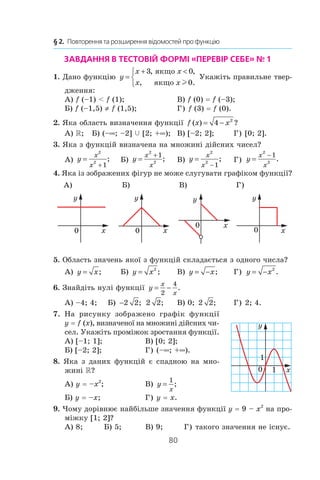 80
§ 2.  Повторення та розширення відомостей про функцію
Завдання в тестовій формі «Перевір себе» № 1
1. Дано функцію y
x x
x x
=
+ 


3 0
0
, ,
, .
якщо
якщо l
Укажіть правильне твер-
дження:
А) f (–1)  f (1);	 В) f (0) = f (–3);
Б) f (–1,5) ≠ f (1,5);	 Г) f (3) = f (0).
2. Яка область визначення функції f x x( ) ?= −4 2
А) ; Б) (–∞; –2] c [2; +∞);	 В) [–2; 2];	 Г) [0; 2].
3. Яка з функцій визначена на множині дійсних чисел?
А) y
x
x
=
+
2
2
1
; 	 Б) y
x
x
=
+
2
2
1
; 	 В) y
x
x
=
−
2
2
1
; 	 Г) y
x
x
=
−
2
2
1
.
4. Яка із зображених фігур не може слугувати графіком функції?
А) Б) В) Г)
5. Область значень якої з функцій складається з одного числа?
А) y x= ; 	 Б) y x= 2
;	 В) y x= − ; 	 Г) y x= − 2
.
6. Знайдіть нулі функції y
x
x
= −
2
4
.
А) –4; 4; Б) −2 2; 2 2;	 В) 0; 2 2; 	 Г) 2; 4.
7. На рисунку зображено графік функції
y = f (x), визначеної на множині дійсних чи-
сел. Укажіть проміжок зростання функції.
А) [–1; 1];	 В) [0; 2];
Б) [–2; 2];	 Г) (–∞; +∞).
8. Яка з даних функцій є спадною на мно-
жині R?
А) y = –x2
;	 В) y
x
=
1
;
Б) y = –x;	 Г) y = x.
9. Чому дорівнює найбільше значення функції y = 9 – x2
на про-
міжку [1; 2]?
А) 8; Б) 5; В) 9; Г) такого значення не існує.
 