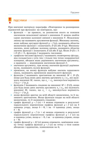 83
Підсумки
!	
підсумки
При вивченні матеріалу параграфа «Повторення та розширення
відомостей про функцію» ви повторили, що:
функція — це правило, за допомогою якого за кожним¾¾
значенням незалежної змінної з множини X можна знайти
єдине значення залежної змінної з множини Y. Незалежну
змінну ще називають аргументом функції. Множину значень,
яких набуває аргумент функції y = f (x), називають областю
визначення функції і позначають D (f) або D (y). Множину
значень, яких набуває залежна змінна, називають областю
значень функції і позначають E (f) або E (y). Коли D (f) ⊂ R
і E (f) ⊂ R, функцію f називають числовою;
графіком числової функції¾¾ f називають геометричну фігуру,
яка складається з усіх тих і тільки тих точок координатної
площини, абсциси яких дорівнюють значенням аргументу,
а ординати — відповідним значенням функції f;
значення аргументу, при якому значення функції дорівнює¾¾
нулю, називають нулем функції;
проміжок, на якому функція набуває значень однакового¾¾
знака, називають проміжком знакосталості функції;
функцію¾¾ f називають зростаючою на множині M ⊂ D (f),
якщо для будь-яких двох значень аргументу x1
і x2
, які нале-
жать множині M, таких, що x1
 x2
, виконується нерівність
f (x1
)  f (x2
);
функцію¾¾ f називають спадною на множині M ⊂ D (f), якщо
для будь-яких двох значень аргументу x1
і x2
, які належать
множині  M, таких, що x1
 x2
, виконується нерівність
f (x1
)  f (x2
);
якщо функція зростає на всій області визначення, то її на-¾¾
зивають зростаючою. Якщо функція спадає на всій області
визначення, то її називають спадною;
графік функції¾¾ y = f (x) + b можна отримати в результаті
паралельного перенесення графіка функції y = f (x) на b
одиниць угору, якщо b  0, і  на –b одиниць униз, якщо
b  0;
графік функції¾¾ y = f (x + a) можна отримати в результаті
паралельного перенесення графіка функції y = f (x) на
a одиниць уліво, якщо a  0, і на –a одиниць управо, якщо
a  0;
графік функції¾¾ y = kf (x) можна отримати, замінивши кож-
ну точку графіка функції y = f (x) на точку з тією самою
абсцисою і ординатою, помноженою на k;
 