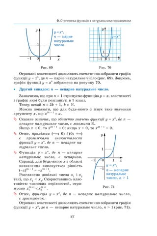 87
9. Степенева функція з натуральним показником9. Степенева функція з натуральним показником
Рис. 69 Рис. 70
Отримані властивості дозволяють схематично зобразити графік
функції y = xn
, де n — парне натуральне число (рис. 69). Зокрема,
графік функції y = x4
зображено на рисунку 70.
Другий випадок:•• n — непарне натуральне число.
Зазначимо, що при n = 1 отримуємо функцію y = x, властивості
і графік якої були розглянуті в 7 класі.
Тепер нехай n = 2k + 1, k ∈ .
Можна показати, що для будь-якого a існує таке значення
аргументу x, що x2k + 1
 = a.
Сказане означає, щоªª областю значень функції y = xn
, де n —
непарне натуральне число, є множина R.
Якщо x  0, то x2k + 1
  0; якщо x  0, то x2k + 1
  0.
Отже,ªª проміжки (–∞; 0) і (0; +∞)
є проміжками знакосталості
функції y = xn
, де n — непарне на-
туральне число.
Функціяªª y = xn
, де n — непарне
натуральне число, є непарною.
Справді, для будь-якого x з області
визначення виконується рівність
(–x)2k + 1
 = –x2k + 1
.
Розглянемо довільні числа x1
і x2
такі, що x1
  x2
. Скориставшись влас-
тивістю числових нерівностей, отри-
муємо x xk k
1
2 1
2
2 1+ +
 .
Отже,ªª функція y = xn
, де n — непарне натуральне число,
є зростаючою.
Отримані властивості дозволяють схематично зобразити графік
функції y = xn
, де n — непарне натуральне число, n  1 (рис. 71).­
Рис. 71
 