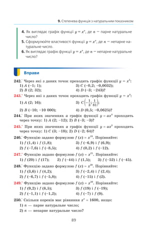89
9. Степенева функція з натуральним показником
4. Як виглядає графік функції y = xn
, де n — парне натуральне
число?
5. Сформулюйте властивості функції y = xn
, де n — непарне на­
туральне число.
6. Як виглядає графік функції y = xn
, де n — непарне натуральне
число?
242.° Через які з даних точок проходить графік функції y = x5
:
1) A (–1; 1);	 3) C (–0,2; –0,0032);
2) B (2; 32);	 4) D (–3; –243)?
243.° Через які з даних точок проходить графік функції y = x4
:
1) A (2; 16);	 3) C −( )1
3
1
81
; ; 	
2) B (–10; –10 000);	 4) D (0,5; –0,0625)?
244.° При яких значеннях a графік функції y = ax4
проходить
через точку: 1) A (2; –12); 2) B (–3; –3)?
245.° При яких значеннях a графік функції y = ax3
проходить
через точку: 1) C (3; –18); 2) D (–2; 64)?
246.° Функцію задано формулою f (x) = x19
. Порівняйте:
1) f (1,4) і f (1,8);	 3) f (–6,9) і f (6,9);
2) f (–7,6) і f (–8,5);	 4) f (0,2) і f (–12).
247.° Функцію задано формулою f (x) = x21
. Порівняйте:
1) f (20) і f (17);	 2) f (–44) і f (1,5);	 3) f (–52) і f (–45).
248.° Функцію задано формулою f (x) = x20
. Порівняйте:
1) f (3,6) і f (4,2);	 3) f (–2,4) і f (2,4);
2) f (–6,7) і f (–5,8);	 4) f (–15) і f (2).
249.° Функцію задано формулою f (x) = x50
. Порівняйте:
1) f (9,2) і f (8,5);	 3) f (19) і f (–19);
2) f (–1,1) і f (–1,2);	 4) f (–7) і f (9).
250.° Скільки коренів має рівняння xn
 = 1600, якщо:
1) n — парне натуральне число;	
2) n — непарне натуральне число?
 