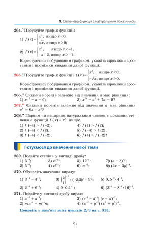 91
9. Степенева функція з натуральним показником
264.•
Побудуйте графік функції:
1) f x
x x
x x
( )
, ,
, ;
=




4
0
0
якщо
якщо l
	
2) f x
x x
x x
( )
, ,
, .
=
 −
− − −



5
1
2 1
якщо
якщо l
Користуючись побудованим графіком, укажіть проміжки зрос-
тання і проміжки спадання даної функції.
265.•
Побудуйте графік функції f x
x x
x x
( )
, ,
, .
=

−




3
0
0
якщо
якщо l
Користуючись побудованим графіком, укажіть проміжки зрос-
тання і проміжки спадання даної функції.
266.• •
 Скільки коренів залежно від значення a має рівняння:
1) x12
 = a – 6;	 2) x24
 = a2
 + 7a – 8?
267.• •
  Скільки коренів залежно від значення a має рівняння
x8
 = 9a – a3
?
268.• •
Парним чи непарним натуральним числом є показник сте-
пеня n функції f (x) = xn
, якщо:
1) f (–4)  f (–2);	 4) f (4)  f (2);	
2) f (–4)  f (2);	 5) f (–4)  f (2);	
3) f (–4)  f (–2);	 6) f (4)  f (–2)?
269. Подайте степінь у вигляді дробу:
1) 3–8
;	 3) a–9
;	 5) 12–1
;	 7) (a – b)–2
;
2) 5–6
;	 4) d–3
;	 6) m–1
;	 8) (2x – 3y)–4
.
270. Обчисліть значення виразу:
1) 3–1
– 4–1
;	 3) 2
7
1
2
2 3 5( ) + − −
−
0 −
( , ) ;	 5) 0,5–2
•4–1
;
2) 2–3
 + 6–2
;	 4) 9•0,1–1
;	 6) (2–1
– 8–1
•16)–1
.
271. Подайте у вигляді дробу вираз:
1) a–2
 + a–3
;	 3) (c–1
– d–1
) (c – d)–2
;
2) mn–4
 + m–4
n;	 4) (x–2
 + y–2
) (x2
 + y2
)–1
.
Поновіть у пам’яті зміст пунктів 2; 3 на с. 315.
 