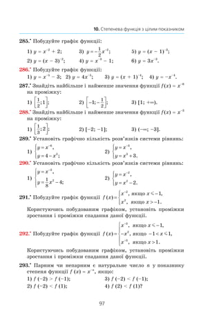 97
10. Степенева функція з цілим показником
285.•
Побудуйте графік функції:
1) y = x–2
 + 2;	 3) y x= − −1
2
2
; 	 5) y = (x – 1)–3
;
2) y = (x – 3)–2
;	 4) y = x–3
 – 1;	 6) y = 3x–3
.
286.•
Побудуйте графік функції:
1) y = x–5
 – 3;	 2) y = 4x–5
; 	 3) y = (x + 1)–4
;	 4) y = –x–4
.
287.•
Знайдіть найбільше і найменше значення функції f (x) = x–6
на проміжку:
1)
1
2
1; ;


 	 2) − −


1
1
2
; ; 	 3) [1; +∞).
288.•
Знайдіть найбільше і найменше значення функції f (x) = x–3
на проміжку:
1)
1
3
2; ;


 	 2) [–2; –1];	 3) (–∞; –3].
289.•
Установіть графічно кількість розв’язків системи рівнянь:
1)
y x
y x
=
= −




−6
2
4
,
;
	 2)
y x
y x
=
= +




−3
3
3
,
.
290.•
Установіть графічно кількість розв’язків системи рівнянь:
1)
y x
y x
=
= −




−3
21
8
4
,
;
	 2)
y x
y x
=
= −




−2
2
2
,
.
291.•
Побудуйте графік функції f x
x x
x x
( )
, ,
, .
=
−
 −




−2
2
1
1
якщо
якщо
m
Користуючись побудованим графіком, установіть проміжки
зростання і проміжки спадання даної функції.
292.•
Побудуйте графік функції f x
x x
x x
x x
( )
, ,
, ,
, .
=
−
− − 






−
−
3
2
3
1
1 1
1
якщо
якщо
якщо
m
m
Користуючись побудованим графіком, установіть проміжки
зростання і проміжки спадання даної функції.
293.•
Парним чи непарним є натуральне число n у показнику
степеня функції f (x) = x–n
, якщо:
1) f (–2)  f (–1);	 3) f (–2)  f (–1);
2) f (–2)  f (1);	 4) f (2)  f (1)?
 