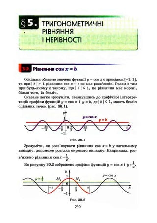 §5 ТРИГОНОМЕТРИЧНІ
РІВНЯННЯ
І НЕРІВНОСТІ
ш РІВНЯННЯ COS Х~Ь
Оскільки областю значень функції у = cos х є проміжок [—1; 1],
то при I b І > 1 рівняння cos X = b не має розв'язків. Разом з тим
при будь-якому b такому, що | b | < 1, це рівняння має корені,
більш того, їх безліч.
Сказане легко зрозуміти, звернувшись до графічної інтерпре-
тації: графіки функцій у = cos х і у = Ь, де | b | < 1, мають безліч
спільних точок (рис. 30.1).
Р и с . 3 0 . 1
Зрозуміти, як розв'язувати рівняння cos х = b у загальному
випадку, допоможе розгляд окремого випадку. Наприклад, роз-
в'яжемо рівняння cos де =
На рисунку 30.2 зображено графіки функцій у = cos х і у = - .
р
II
tijh-
V?
у = c o s X
 А о  / 
—п X к
У з
-1
я V я
з N.
Рис. 30.2
239
 