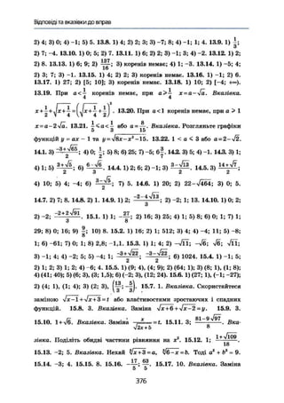 Відповіді та вказівки до вправ
2) 4; 3) 0; 4) -1; 5) 5. 13.8. 1) 4; 2) 2; 3; 3) -7; 8; 4) -1; 1; 4. 13.9. 1) і ;
О
2) 7; -4. 13.10. 1) 0; 5; 2) 7. 13.11. 1) 6; 2) 2; 3) -1; 3; 4) -2. 13.12. 1) 2;
2) 8. 13.13. 1) 6; 9; 2) 3) коренів немає; 4) 1; -3. 13.14. 1) -5; 4;
16
2) 3; 7; 3) -1. 13.15. 1) 4; 2) 2; 3) коренів немає. 13.16. 1) -1; 2) 6.
13.17. 1) 27; 2) [5; 10]; 3) коренів немає. 13.18. 1) 10; 2) [-4; +=°).
13.19. При а< — коренів немає, при Вказівка.
4 4
х + ~ + = + j + . 13.20. При а<1 коренів немає, при а > 1
і— ї ї g
x = a~2-Ja. 13.21. - < а < - або а-—. Вказівка. Розгляньте графіки
5 3 15
функцій у = ах - 1 та y = <J$x-x2
-15. 13.22. 1 < а < 3 або а = 2-n/2.
14.1. 3) ; 4) 0; 5) 8; 6) 25; 7) -5; б|. 14.2. 3) 5; 4) -1. 14.3. 3) 1;А в «
4) 1; 5) 6 ) 6_^Уб 1 4 4 1} 2 ; 6 . 2 ) _1 ; 3 ) 3 ^ 3 1 4 g 3 ) 14W7 .
2 3 2 2
4) 10; 5) 4; -4; 6) 7) 5. 14.6. 1) 20; 2) 22-n/464; 3) 0; 5.
14.7. 2) 7; 8. 14.8. 2) 1. 14.9. 1) 2; 2 ) -2; 1; 13. 14.10. 1) 0; 2;
ö
2) -2; +
1 5 Л . 1} 1 ; 2) 16; 3) 25; 4) І; 5) 8; 6) 0; 1; 7) 1
О О
29; 8) 0; 16; 9) 10) 8. 15.2. 1) 16; 2) 1; 512; 3) 4; 4) -4; 11; 5} -8
О
1; 6) -61; 7) 0; 1; 8) 2,8; -1,1. 15.3. 1) 1; 4; 2) -n/її; -ч/б; 7б; n/П
3) -1; 4; 4) -2; 5; 5) -4; 1; 6) 1024. 15.4. 1) -1; 5
2) 1; 2; 3) 1; 2; 4) -6; 4. 15.5. 1) (9; 4), (4; 9); 2) (64; 1); 3) (8; 1), (1; 8)
4) (41; 40); 5) (6; 3), (3; 1,5); 6) (-2; 3), (12; 24). 15.6. 1) (27; 1), (-1; -27)
2) (4; 1), (1; 4); 3) (2; 3), ( у ; 15.7. 1. Вказівка. Скористайтеся
заміною yJx-l + 4x+3 = t або властивостями зростаючих і спадних
функцій. 15.8. 3. Вказівка. Заміна lx+6 + *Jx-2 =у. 15.9. 3.
/— • X 81-9n/97
15.10. I + n/6. Вказівка. Заміна , • =t. 15.11. 3; . Вка-
у]2х + Ь 8
зівка. Поділіть обидві частини рівняння на х2
. 15.12. 1;
Іо
15.13. -2; 5. Вказівка. Нехай Ух+З = а, Уб-х -Ь. Тоді а3
+ Ь3
= 9.
15.14. -3; 4. 15.15. 8. 15.16. 15.17. 10. Вказівка. Заміна
5 5
376
 