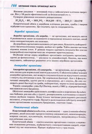 ї 66 КЛІТИННИЙ РІВЕНЬ ОРГАНІЗАЦІЇ ЖИТТЯ
Кисневе дихання основний етап у забезпеченні клітини енергі­
єю. В ін у 18 разів еф ективніш ий за безкисневий етап.
Сумарне рівняння кисневого розщеплення:
2С3Н в0 3 + 6 0, + 36Н :іРО , + 36А Д Ф = 600., + 38Н.О + 36А Т Ф
Енергетичний обмін в аеробних клітинах рослин, грибів і тварин
відбувається однаково. Це свідчить про їх спорідненість.
Аеробні організми
Аеробні організми, або аероби, — це організми, я к і мож уть ж ити
й розвиватися лиш е за наявності в середовищі вільного кисню , який
вони використовую ть як окисник.
До аеробних організмів належать усі рослини, більш ість найпрості­
ш их і багатоклітинних тварин, майже всі гриби. Тобто значна частина
відомих ж ивих істот. У деяких тварин здатність існувати без кисню
(анаеробіоз) спостерігається як вторинне пристосування.
Особливе місце серед аеробних організм ів посідаю ть організми,
здатні до фотосинтезу, — рослини та ціанобактерії. Кисень, що вони
виділяю ть, забезпечує розвиток усіх ін ш и х аеробних організмів.
Анаеробні організми
Анаеробні організми; або анаероби, — це організми, я к і не потребу­
ють кисню для нормальної ж иттєдіяльності. Є облігатні (обов’язкові)
анаеробні організми, я к і мож уть існувати тіл ьки за відсутності кисню
і гинуть від зіткнення з ним. Це переважно бактерії. Але є й ф акуль­
тативні анаероби, здатні рости в середовищі, де є кисень. До них на­
лежать деякі бактерії та гриби, найпростіш і, черви та ін ш і організми.
Термін «анаероби» увів Л у ї ІІастер, який у 1861 р. відкрив бактерії
маслянокислого бродіння.
О блігатні анаероби здійсню ю ть азотф іксацію в кореневих бульбоч­
ках бобових рослин або у ґрунті, розщ еплю ють кліткови ну в киш еч­
никах ж уй них тварин. Вони тіл ьки частково розкладають рослинні
залиш ки, утворюючи торф. Процеси розкладання субстрату анаероб­
ними організмами називають бродінням, гн и ттям тощо.
Пластичний обмін
Пластичний обмін (анаболізм, асиміляція) — один із виявів обміну
речовин, який охоплює процеси синтезу амінокислот, моносахаридів,
ж ирних кислот, нуклеотидів, полісахаридів, макромолекул білків,
нуклеїнових кислот.
Пластичний обмін — синтез власних органічних сполук з отрима­
них пож ивних речовин, відбувається з використанням енергії, отри­
маної під час окиснення. Процес відбувається у три етапи.
 