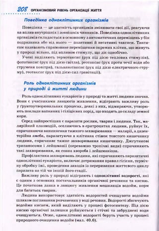 г о я ОРГАНІЗМОВИЙ РІВЕНЬ ОРГАНІЗАЦІЇ ЖИТТЯ
Поведінка одноклітинних організмів
Поведінка — це здатність організмів зміню вати свої д ії, реагуючи
на вплив внутріш ніх і зовніш ніх чинників. Поведінка одноклітинних
організмів складається в основному з автоматичних переміщ ень у бік
подразника або від нього — позитивні й негативні таксиси. Т акси ­
сом називають спрямоване переміщ ення окремих клітин, що ж ивуть
у природі вільно, під впливом стимулу, що діє однобічно.
Учені виділяю ть термотаксис (рух під дією теплових стимулів),
фототаксис (рух під дією світла), реотаксис (рух проти те ч ії води або
струменя повітря), гальванотаксис (рух під дією електричного стру­
му), геотаксис (рух під дією сил гравітації).
Роль одноклітинних організмів
у природі й ж и т т і людини
Роль одноклітинних еукаріотів у природі та ж и тті лю дини значна.
Вони є учасниками ланцю гів ж ивлення, відіграю ть важ ливу роль
у ґрунтоутворювальних процесах, деякі з них, відмираю чи, утворю ­
ють поклади вапняних і сіліцієвих порід, що входять до складу земної
кори.
Серед найпростіш их є паразити рослин, тварин і лю дини. Так, м а­
лярійний плазмодій, оселяючись в еритроцитах лю дини, руйнує їх ,
спричиняю чи виникнення тяж кого захворювання — м алярії, а дизен­
терійна амеба, паразитуючи в клітинах стін ок товстого киш ечнику
лю дини, спричиняє тя ж к е захворювання киш ечнику. Д ж гу ти к ові
трипаносоми і л ей ш м ан ії (переважно тр оп іч н і види) спричиняю ть
такі захворювання, як сонна хвороба і лейш маніози.
Проф ілактика захворювань людини, я к і спричиняю ть паразитичні
одноклітинні еукаріоти, включає дотримання правил гігієн и, терм іч­
ну обробку їж і, проведення заходів із переривання ж иттєвого циклу
паразита на тій чи ін ш ій його стадії.
В аж ливу роль у природі відіграю ть і одноклітинні водорості, я к і
є одним з основних постачальників органічної речовини та кисню.
Це початкова ланка в ланцю гу ж ивлення меш канців водойм, корм
для багатьох тварин.
Лю дина використовує здатність водоростей очищ увати водойми
ш ляхом поглинання розчинених у воді речовин. Водорості збагачують
водойми киснем, який виділяю ть у процесі фотосинтезу. П ід дією
кисню органічні залиш ки руйную ться і стіч н і та забруднені води
очищ ую ться. Отже, одноклітинні водорості беруть участь у процесі
природного очищ ення водойм (мал. 40.6).
 