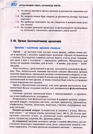 232 ОРГАНІЗМОВИИ РІВЕНЬ ОРГАНІЗАЦІЇ ЖИТТЯ
3. Чи можна відновити органи дихання за допомогою тканинних кон­
струкцій?
4. Які хвороби можна буде лікувати за допомогою методів тканинної
інженерії?
! 5. Які проблеми виникають під час створення й використання штуч­
них тканин?
6. Які основні принципи організації та функціонування молекулярно­
го, клітинного, тканинного, організмового рівнів життя?
§ 46. Органи багатоклітинних організмів
Органи і системи органів тварин
Орган це частина тіла, що має певну форму, займає певне м іс­
це в організмі і виконує характерну ф ункцію . Органи складаються
з тканин. В утворенні кожного органа беруть участь р ізні тканини,
але одна з них є головною — провідною, робочою. Наприклад, для
мозку це нервова тканина, для м ’язів — м ’язова, для залоз — епіте­
ліальна.
Ін ш і тканини, представлені в органі, виконую ть допоміж ну ф унк­
цію . Так, епітеліальна тканина вистилає слизові оболонки органів
системи травлення, дихальної системи і сечостатевого апарату, а спо­
лучна тканина виконує опорну й ж ивильну ф ункції, утворює сполуч­
нотканинний к істяк органа, м ’язова тканина бере участь в утворенні
стінок порож нистих органів.
Орган є біологічною системою, але самі органи виступають ком ­
понентами більш складних систем, я к і називаються фізіологічними
системами.
Системи органів взаємопов’язані і взаємозалеж ні, а процеси,
що в них відбуваються, узгоджені.
Розрізняю ть такі ф ізіологічні системи й апарати органів: опорно-
руховий апарат, покривна система, система травлення, кровоносна,
лімф атична, імунна, дихальна, видільна, статева, ендокринна, нер­
вова системи.
Опорно-руховий апарат складається зі скелета і м ’язів. К істк о ­
вий скелет — це тверда основа організму (мал. 46.1). До кісток при­
кріплені скелетні м ’язи, за допомогою як и х здійсню ю ться різні
рухи, наприклад ходіння, біг, фізична робота.
До покривної системи належать ш кіра і слизові оболонки, що ви­
стилаю ть зсередини порожнини носа, рота, дихальних ш ляхів і сис­
теми травлення. Головна ф ункція покривної системи — захисна.
 