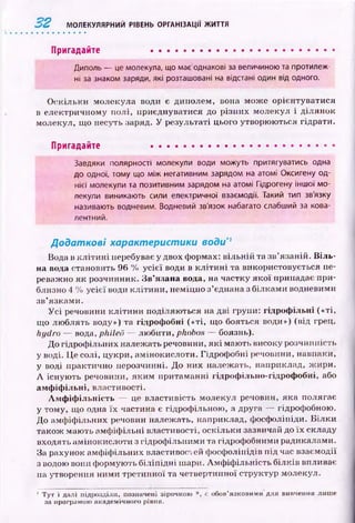 32 МОЛЕКУЛЯРНИЙ РІВЕНЬ ОРГАНІЗАЦІЇ ЖИТТЯ
Пригадайте ......................................................
Диполь — це молекула, що має однакові за величиною та протилеж­
ні за знаком заряди, які розташовані на відстані один від одного.
О скільки молекула води є диполем, вона може орієнтуватися
в електричному полі, приєднуватися до різних молекул і ділянок
молекул, що несуть заряд. У результаті цього утворюються гідрати.
Пригадайте ..................................................
Завдяки полярності молекули води можуть притягуватись одна
до одної, тому що між негативним зарядом на атомі Оксигену од­
нієї молекули та позитивним зарядом на атомі Гідрогену іншої мо­
лекули виникають сили електричної взаємодії. Такий тип зв'язку
називають водневим. Водневий зв'язок набагато слабший за кова­
лентний.
Додаткові характеристики води' 1
Вода в к л іти н і перебуває у двох формах: вільній та зв’язаній. В іл ь­
на вода становить 96 % усієї води в к л іти н і та використовується пе­
реважно я к розчинник. З в’язана вода, на частку якої припадає при­
близно 4 % усієї води клітини, неміцно з’єднана з білками водневими
зв’язками.
У с і речовини кліти н и поділяю ться на дві групи: гідроф ільні («ті,
що лю блять воду») та гідроф обні («ті, щ о бояться води») (від грец.
hydro — вода, philed — лю бити, phobos — боязнь).
До гідроф ільних належать речовини, я к і маю ть високу розчинність
у воді. Це солі, цукри, амінокислоти. Гідрофобні речовини, навпаки,
у воді практично нерозчинні. До них належать, наприклад, ж ири.
А існую ть речовини, яким притаманні гідроф ільно-гідроф обні, або
ам ф іф ільні, властивості.
А м ф іф іл ьн ість — це властивість молекул речовин, яка полягає
у тому, що одна їх частина є гідрофільною, а друга — гідрофобною.
До амф іф ільних речовин належать, наприклад, фосфоліпіди. Б ілки
також маю ть амф іф ільні властивості, оскільки зазвичай до їх складу
входять амінокислоти з гідроф ільними та гідрофобними радикалами.
За рахунок амф іф ільних властивостей ф осф оліпідів під час взаємодії
з водою вони формують біл іп ід н і шари. А м ф іф ільність білків впливає
на утворення ними третинної та четвертинної структур молекул.
1Тут і далі підрозділи, позначені зірочкою *, є обов’язковими для вивчення лише
за програмою академічного рівня.
 