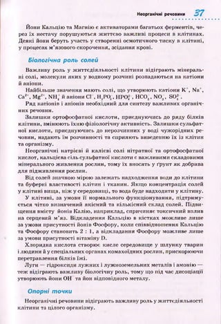 Неорганічні речовини
Йони К альцію та М агнію є активаторами багатьох ферментів, че­
рез їх нестачу поруш ую ться ж иттєво важ ливі процеси в клітинах.
Д е які йони беруть участь у створенні осмотичного тиску в кл іти н і,
у процесах м ’язового скорочення, зсідання крові.
Біологічна роль солей
Важ ливу роль у ж иттєд іяльн ості к л іти н и відіграю ть мінераль­
н і солі, молекули яких у водному розчині розпадаються на катіони
й аніони.
Найбільш е значення маю ть солі, що утворюють катіони К +, N a' ,
Са2', M g 21, N H ; й аніони С Г, Н 2Р04, НРО? , Н С 0 3, N 0 3, SO2 .
Ряд катіонів і аніонів необхідний для синтезу важ ливих органіч­
них речовин.
Залиш ки ортофосфатної кислоти, приєдную чись до ряду білків
кліти н и , зміню ю ть їхн ю ф ізіологічну активність. Залиш ки сульфат­
ної кислоти, приєдную чись до нерозчинних у воді чуж орідних ре­
човин, надають їм розчинності та сприяю ть виведенню їх із кліти н
та організму.
Н еорганічні натрієві й калієві солі н ітр атн ої та ортофосфатної
кислот, кальцієва сіль сульф атної кислоти є важ ливими складовими
мінерального ж ивлення рослин, тому їх вносять у ґрунт я к добрива
для підж ивлення рослин.
В ід солей значною мірою залежать надходження води до кліти н и
та буферні властивості к л іти н і тканин. Я кщ о концентрація солей
у к л іти н і вища, н іж у середовищі, то вода буде надходити у клітину.
У к л іти н і, за умови її нормального ф ункціонування, п ід тр и м у­
ється чітко визначений якісн и й та кількісн и й склад солей. П ід ви ­
щ ення вм істу йонів К алію , наприклад, спричиняє токсичний вплив
на серцевий м ’яз. Відкладення К альцію в к істк а х мож ливе лиш е
за умови присутності йонів Фосфору, коли співвіднош ення Кальцію
та Фосфору становить 2 : 1, а відкладання Фосфору можливе лиш е
за умови присутності вітам ін у D.
Хлоридна кислота створює кисле середовище у ш лун ку тварин
і лю дини й у спеціальних органах комахоїдних рослин, прискорюючи
перетравлення білків їж і.
Л уги — гідроксиди л уж них і луж ноземельних металів і амонію —
теж відіграю ть важ ливу біологічну роль, тому що під час ди соц іації
утворюють йони О Н та йон відповідного металу.
Опорні точки
Н еорганічні речовини відіграю ть важ ливу роль у ж иттєдіяльності
кліти н и та цілого організму.
 