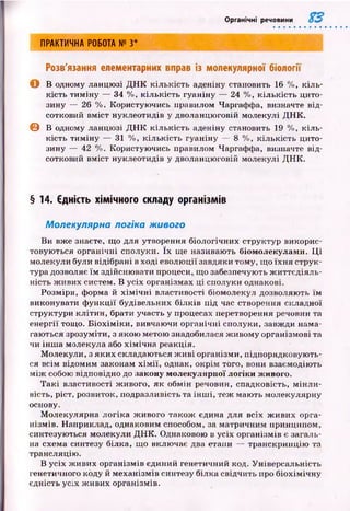 Органічні речовини
ПРАКТИЧНА РОБОТА № З*
Розв'язання елементарних вправ із молекулярної біології
О В одному ланцю зі Д Н К к іл ькість аденіну становить 16 %, к іл ь­
кість ти м іну — 34 %, к іл ькість гуаніну — 24 %, к іл ькість цито­
зину — 26 %. Користуючись правилом Чаргаффа, визначте від­
сотковий вм іст нуклеотидів у дволанцюговій молекулі Д Н К .
© В одному ланцю зі Д Н К к іл ькість аденіну становить 19 %, к іл ь­
кість ти м ін у — 31 %, к іл ькість гуаніну — 8 %, к іл ькість цито­
зину — 42 %. Користуючись правилом Чаргаффа, визначте від­
сотковий вм іст нуклеотидів у дволанцюговій молекулі Д Н К .
§ 14. Єдність хімічного складу організмів
Молекулярна логіка живого
Ви вже знаєте, що для утворення біологічних структур викорис­
товую ться органічні сполуки. їх ще називають біомолекулами. Ц і
молекули були відібрані в ході еволю ції завдяки тому, що їх н я струк­
тура дозволяє їм здійсню вати процеси, що забезпечують ж и ттєд іяль­
н ість ж ивих систем. В усіх організмах ц і сполуки однакові.
Розм іри, форма й х ім іч н і властивості біомолекул дозволяють їм
виконувати ф ун кц ії будівельних білків під час створення складної
структури кліти н , брати участь у процесах перетворення речовин та
енергії тощо. Б іо х ім ік и , вивчаючи органічні сполуки, завжди нама­
гаю ться зрозуміти, з якою метою знадобилася ж ивом у організмові та
чи ін ш а молекула або х ім іч н а реакція.
М олекули, з яки х складаються ж и в і організми, підпорядковую ть­
ся всім відомим законам х ім ії, однак, окрім того, вони взаємодію ть
м іж собою відповідно до закону молекулярної логіки живого.
Т а к і властивості живого, як обмін речовин, спадковість, м ін л и ­
вість, ріст, розвиток, подразливість та ін ш і, теж маю ть молекулярну
основу.
М олекулярна логіка ж ивого також єдина для всіх ж ивих орга­
нізм ів. Наприклад, однаковим способом, за матричним принципом,
синтезуються молекули Д Н К . Однаковою в усіх організмів є загаль­
на схема синтезу білка, що включає два етапи — транскрипцію та
трансляцію .
В усіх ж ивих організмів єдиний генетичний код. Універсальність
генетичного коду й м еханізм ів синтезу білка свідчить про б іохім іч н у
єдність усіх ж иви х організмів.
 