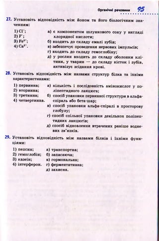 Органічні речовини
27. Установіть відповідність м іж йоном та його біологічним зна­
ченням:
1)С Г; а) е компонентом ш лункового соку у вигляді
2) F~; хлоридної кислоти;
3) Fe3+; б) входить до складу емалі зубів;
4) Са2*. в) забезпечує проведення нервових імпульсів;
г) входить до складу гемоглобіну;
д) у рослин входить до складу оболонки к л і­
тини, у тварин — до складу кісток і зубів,
активізує зсідання крові.
28. Установіть відповідність м іж назвами структур білка та їхнім и
характеристи ками:
1) первинна;
2 ) вторинна;
3) третинна;
4) четвертинна.
а) кількість і послідовність амінокислот у по-
ліпептидного ланцюга;
б) спосіб упаковки первинної структури в альфа-
спіраль або бета-шар;
в) спосіб упаковки альфа-спіралі в просторову
глобулу;
г) спосіб спільної упаковки декількох поліпеп­
тидних ланцюгів;
д) спосіб відновлення втрачених раніш е водне­
вих зв’язків.
29. Установіть відповідність м іж назвами білків і їх н ім и ф унк­
ціями:
а) транспортна;
б) запасаюча;
в) гормональна;
г) ферментативна;
д)захисна.
1) пепсин;
2) гемоглобін;
3) казеїн;
4) інтерферон.
 