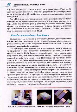 9 $ КЛІТИННИЙ РІВЕНЬ ОРГАНІЗАЦІЇ ЖИТТЯ
А у св іті к л іти н так і розміри трапляю ться доволі часто. У я в іть собі,
що у світі, який нас оточує, не мож на розрізнити жодного предмета,
якщ о він менш ий за 25 см. Я к багато всього зникне, ставш и раптом
невидимим!
Але в 1945 р. цитологи вперше зазирнули до к літи н и за допомогою
електронного мікроскопа та побачили багато невідомих раніш е струк­
тур. Отже, виріш альна роль у розвитку ци тології належ ить новим
відкриттям в ін ш их науках, зокрема у ф ізиці. Прогрес у ци тології
був нем ож ливим до появи нових те хн іч н и х засобів, наприклад
електронного мікроскопа (мал. 16.2).
М етоди цитологічних досліджень
Основним методом, яким користую ться цитологи, є метод світлової
мікроскопії. В ін передбачає застосування світлового мікроскопа, але
розглянути під світловим мікроскопом мож на лиш е спеціально при­
готовлені цитологічні препарати.
Д ля приготування препаратів цитологи використовую ть накривне
та предметне стекла і спеціально підготовлені об’єкти, я к і мож на
розглядати (мал. 16.3). Головне, щ о необхідно,— це отримати один
ш ар к л іти н так, щоб вони пропускали світло і щоб їх н і структури
мож на було побачити в мікроскоп. Н айчастіш е ці структури безко­
лірні, тому їх необхідно фарбувати спеціальними барвниками, щоразу
різними, залежно від того, я к і структури бажано побачити. Існую ть
два методи: метод приготування давлених препаратів — дослідж ува­
ний об’єкт просто розчавлюється в один ш ар м іж предметним та на­
кривним склом; і метод приготування тонких зрізів, що складаються
з одного ш ару кліти н (мал. 16.4). Д ля приготування таки х тонких
зрізів існую ть спеціальні пристрої — ультрамікротоми. Обидва ме­
тоди призначені для вивчення вже неж ивих к л іти н і даю ть змогу
виготовити як тимчасові препарати, я к і мож на розглядати протягом
кількох днів, так і постійні препарати, щ о мож уть зберігатися довгі
роки (тому що залиті спеціальним бальзамом).
Мал. 16.2. Електронний мікроскоп Мал. 16.3. Накривні та предметні стекла
 