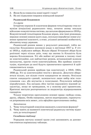 110 Усі уроки до курсу «Всесвітня історія». 10 клас
2.	 Якою була символіка нової партії і чому?
3.	 На які підвалини спирався німецький нацизм?
Радянський більшовизм
3-я група
Історично першою й класичною формою тоталітаризму став ко-
мунізм (соціалізм) радянського типу, початок якому поклала
військово-комуністична система, що загалом сформувався в 1918 р.
Комуністичний тоталітаризм більшою мірою, ніж інші різновиди,
виражає основні ознаки цього ладу, оскільки передбачає повне усу-
нення приватної власності, а отже, усілякої автономії особистості,
абсолютну владу держави.
Радянський режим виник у  результаті революції, тобто на-
сильства: більшовики захопили владу в листопаді 1917 р. У січ-
ні 1918 р. відбулися вибори. Вільно обрані Установчі збори були
розігнані через кілька днів, тому що значна їх більшість була
ворожа більшовикам. Усі або майже всі режими в  такому стані
не конституційні, але найчастіше режим, встановлений шляхом
насильства, прагне стати конституційним. Він приймає консти-
туцію, відповідно до якої будуть призначатися правителі й здій-
снюватиметься влада.
Радянський режим прийняв три конституції: в  1918, 1924,
1936 рр. Усі ці конституційні тексти є фікцією. Депутати обира-
ються вільно, але вільно стати кандидатом не можна. Оскільки
список кандидатів єдиний, залишається лише вибір між голо-
суванням «за» або неучастю в  голосуванні. Результати виборів
передбачувані. Хід засідань обох частин парламенту відомий за-
здалегідь, якщо не громадянам, то у  всякому разі правителям.
Критичні виступи розгортаються за заздалегідь відпрацьованим
сценарієм.
Тільки теоретично проголошено основні права: свобода слова,
друку, зібрань. Особа священна, житло недоторканне, гарантуєть-
ся дотримання всіх вимог, усіх офіційно проголошених свобод.
Запитання
1.	 Чому тоталітарний комунізм вважають класичною формою?
2.	 Чому навіть за наявності конституції радянську систему відно-
сять до тоталітарних?
Складання таблиці
Упродовж виступу кожної групи учні заповнюють за допомо-
гою вчителя порівняльну таблицю.
 