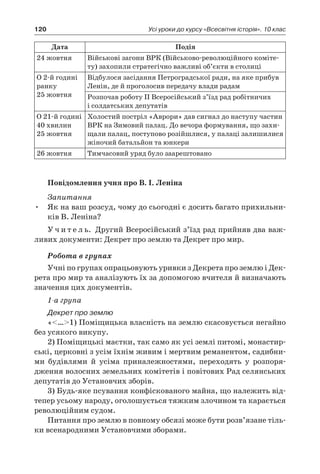 120 Усі уроки до курсу «Всесвітня історія». 10 клас
Дата Подія
24 жовтня Військові загони ВРК (Військово-революційного коміте-
ту) захопили стратегічно важливі об’єкти в столиці
О 2-й годині
ранку
25 жовтня
Відбулося засідання Петроградської ради, на яке прибув
Ленін, де й проголосив передачу влади радам
Розпочав роботу ІІ Всеросійський з’їзд рад робітничих
і сол­датських депутатів
О 21-й годині
40 хвилин
25 жовтня
Холостий постріл «Аврори» дав сиг­нал до наступу частин
ВРК на Зимовий палац. До вечора форму­вання, що захи-
щали палац, поступово розійшлися, у палаці зали­шилися
жіночий батальйон та юнкери
26 жовтня Тимчасовий уряд було заарештовано
Повідомлення учня про В. І. Леніна
Запитання
•	 Як на ваш розсуд, чому до сьогодні є досить багато прихильни-
ків В. Леніна?
У ч и т е л ь. Другий Всеросійський з’їзд рад прийняв два важ-
ливих документи: Декрет про землю та Декрет про мир.
Робота в групах
Учні по групах опрацьовують уривки з Декрета про землю і Дек­
рета про мир та аналізують їх за допомогою вчителя й визначають
значення цих документів.
1-а група
Декрет про землю
«<…>1) Поміщицька власність на землю скасовується негайно
без усякого викупу.
2) Поміщицькі маєтки, так само як усі землі питомі, монастир-
ські, церковні з усім їхнім живим і мертвим реманентом, садибни-
ми будівлями й  усіма приналежностями, переходять у  розпоря-
дження волосних земельних комітетів і повітових Рад селянських
депутатів до Установчих зборів.
3) Будь-яке псування конфіскованого майна, що належить від-
тепер усьому народу, оголошується тяжким злочином та карається
революційним судом.
Питання про землю в повному обсязі може бути розв’язане тіль-
ки всенародними Установчими зборами.
 