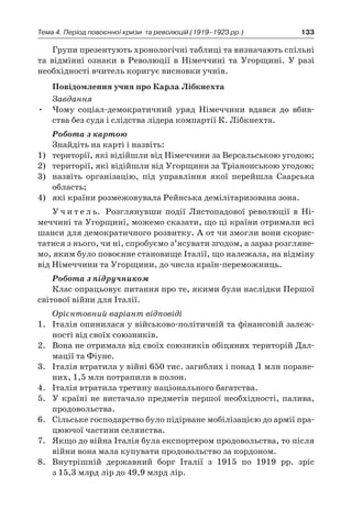 133Тема 4. Період повоєнної кризи 
та революцій (1919–1923 рр.)
Групи презентують хронологічні таблиці та визначають спільні
та відмінні ознаки в  Революції в  Німеччині та Угорщині. У  разі
необхідності вчитель коригує висновки учнів.
Повідомлення учня про Карла Лібкнехта
Завдання
Чому соціал-демократичний уряд Німеччини вдався до вбив-•	
ства без суда і слідства лідера компартії К. Лібкнехта.
Робота з картою
Знайдіть на карті і назвіть:
1)	 території, які відійшли від Німеччини за Версальською угодою;
2)	 території, які відійшли від Угорщини за Тріанонською угодою;
3)	 назвіть організацію, під управління якої перейшла Саарська
область;
4)	 які країни розмежовувала Рейнська демілітаризована зона.
У ч и т е л ь. Розглянувши події Листопадової революції в  Ні-
меччині та Угорщині, можемо сказати, що ці країни отримали всі
шанси для демократичного розвитку. А от чи змогли вони скорис-
татися з нього, чи ні, спробуємо з’ясувати згодом, а зараз розгляне-
мо, яким було повоєнне становище Італії, що належала, на відміну
від Німеччини та Угорщини, до числа країн-переможниць.
Робота з підручником
Клас опрацьовує питання про те, якими були наслідки Першої
світової війни для Італії.
Орієнтовний варіант відповіді
1.	 Італія опинилася у військово-політичній та фінансовій залеж-
ності від своїх союзників.
2.	 Вона не отримала від своїх союзників обіцяних територій Дал-
мації та Фіуне.
3.	 Італія втратила у війні 650 тис. загиблих і понад 1 млн поране-
них, 1,5 млн потрапили в полон.
4.	 Італія втратила третину національного багатства.
5.	 У країні не вистачало предметів першої необхідності, палива,
продовольства.
6.	 Сільське господарство було підірване мобілізацією до армії пра-
цюючої частини селянства.
7.	 Якщо до війна Італія була експортером продовольства, то після
війни вона мала купувати продовольство за кордоном.
8.	 Внутрішній державний борг Італії з  1915  по 1919  рр. зріс
з 15,3 млрд лір до 49,9 млрд лір.
 