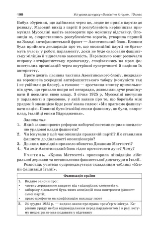 190 Усі уроки до курсу «Всесвітня історія». 10 клас
Вибух обурення, що здійнявся через це, ледве не привів партію до
розвалу. Масовий вихід з партії й розгубленість керівництва при-
мусила Муссоліні навіть заговорити про можливу відставку. Опо-
зиція ж, скориставшись розгубленістю ворогів, утворила перший
на Заході антифашистський фронт — Авентинський блок. Блоком
була прийнята декларація про те, що опозиційні партії не брати-
муть участь у роботі парламенту, доки не буде скасовано фашист-
ську міліцію й відновлено законність. Паралельно вони розпочали
широку антифашистську пропаганду, сподіваючись на крах фа-
шистських організацій через внутрішні суперечності й падіння їх
авторитету.
Проте досить пасивна тактика Авентинського блоку, нездолан-
на ворожнеча усередині антифашистського табору (комуністи так
і не увійшли до блоку), а головне — зростання впливу прихильни-
ків дуче, що тривало попри всі негаразди, дозволили дуче реаніму-
вати й посилити свою владу. 3 січня 1925 р. Муссоліні виступив
у парламенті з промовою, у якій заявив про те, що боротьба між
урядом й опозицією буде розв’язана силою: «Ми прагнемо фашизу-
вати націю. Повинні бути італійці епохи фашизму, як були, напри-
клад, італійці епохи Відродження».
Запитання
1.	 Який законопроект реформи виборчої системи сприяв посилен-
ню урядової влади фашистів?
2.	 Чи існувала у цей час опозиція правлячій партії? Як ставилися
фашисти до діяльності опозиціонерів?
3.	 До яких наслідків призвело вбивство Джакомо Маттеотті?
4.	 Чи зміг Авентинський блок гідно протистояти дуче? Чому?
У ч и т е л ь. «Криза Маттеотті» прискорила ліквідацію лібе-
ральної держави та встановлення фашистської диктатури в Італії.
Розповідь учителя супроводжується складанням таблиці «Ета-
пи фашизації Італії».
Фашизація країни
1.	 Видано закони про:
•	 чистку державного апарату від «підозрілих елементів»;
•	 заборону діяльності будь-яких асоціацій поза контролем фашист-
ської партії;
•	 право префекта на конфіскацію накладу газет
2.	 24 грудня 1925 р. — видано закон про права прем’єр-міністра. Ке-
рівник уряду не був відповідальним перед парламентом і в разі воту-
му недовіри не мав подавати у відставку
 