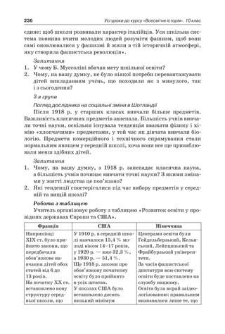 236 Усі уроки до курсу «Всесвітня історія». 10 клас
єдине: щоб школи розвивали характер італійців. Уся шкільна сис-
тема повинна вчити молодих людей розуміти фашизм, щоб вони
самі оновлювалися у фашизмі й жили в тій історичній атмосфері,
яку створила фашистська революція».
Запитання
1.	 У чому Б. Муссоліні вбачав мету шкільної освіти?
2.	 Чому, на вашу думку, не було ніякої потреби перевантажувати
дітей викладанням учéнь, що походили як з  минулого, так
і з сьогодення?
3-я група
Погляд дослідника на соціальні зміни в Шотландії
Після 1918  р. у  старших класах вивчали більше предметів.
Важливість класичних предметів занепала. Більшість учнів вивча-
ли точні науки, оскільки існувала тенденція вважати фізику і хі-
мію «хлопчачими» предметами, у той час як дівчата вивчали біо-
логію. Предмети комерційного і  технічного спрямування стали
нормальним явищем у середній школі, хоча вони все ще приваблю-
вали менш здібних дітей.
Запитання
1.	 Чому, на вашу думку, з  1918  р. занепадає класична наука,
а більшість учнів починає вивчати точні науки? З якими зміна-
ми у житті людства це пов’язано?
2.	 Які тенденції спостерігалися під час вибору предметів у серед-
ній та вищій школі?
Робота з таблицею
Учитель організовує роботу з таблицею «Розвиток освіти у про-
відних державах Європи та США».
Франція США Німеччина
Наприкінці
XIX ст. було при-
йнято закони, що
передбачали
обов’язкове на-
вчання дітей обох
статей від 6 до
13 років.
На початку XX ст.
встановлено нову
структуру серед-
ньої школи, що
У 1910 р. в се­редній шко-
лі навчалося 15,4 % мо-
лоді віком 14–17 років,
у 1920 р. — вже 32,3 %,
а 1930 р. — 51,4 %.
Ще 1918 р. закони про
обов’язкову початкову
освіту було прийнято
в усіх штатах.
У школах США було
встановлено досить
­низький мінімум
Центрами освіти були
Гейдельберзький, Кельн-
ський, Лейпцизький та
Фрайбурзький універси-
тети.
За часів фашистської
диктатури всю систему
осві­ти буде поставлено на
службу нацизму.
Освіта була вкрай заідео-
логізованою: правильним
визнавалося лише те, що
 