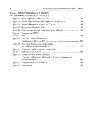 4 Усі уроки до курсу «Всесвітня історія». 10 клас
Тема 4. Період стабілізації в Європі
та Північній Америці (1924–1929 рр.)
Урок 22	 Доба «процвітання» у США ........................................... 155
Урок 23	 Німеччина в період Веймарської республіки .................... 161
Урок 24	 Велика Британія в 20-ті рр. ХХ ст. ................................. 169
Урок 25	 Франція в 20-ті рр. XX ст. ............................................. 179
Урок 26	 Створення корпоративної системи в Італії ....................... 188
Уроки	 Утворення СРСР.
27–28 	 Неп............................................................................. 195
Урок 29	 Польща, Чехословаччина,
Угорщина у 20-х рр. ХХ ст. ........................................... 208
Урок 30	 Румунія, Югославія та Болгарія
після Першої світової війни........................................... 222
Уроки	 Розвиток освіти, науки, культури
31–32 	 у 10–20-х рр. ХХ ст....................................................... 233
Урок 33	 Узагальнення знань за темою
«Період стабілізації в Європі та Північній Америці
(1924–1929 рр.)».......................................................... 248
Урок 34	 Підсумкове узагальнення.............................................. 253
Урок 35	 Резервний.................................................................... 255
 