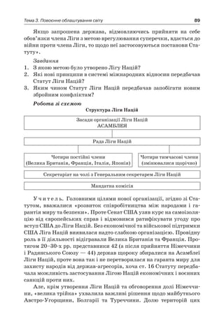 89Тема 3. Повоєнне облаштування світу
Якщо запрошена держава, відмовляючись прийняти на себе
обов’язки члена Ліги з метою врегулювання суперечки, вдається до
війни проти члена Ліги, то щодо неї застосовуються постанови Ста-
туту».
Завдання
1.	 З якою метою було утворено Лігу Націй?
2.	 Які нові принципи в системі міжнародних відносин передбачав
Статут Ліги Націй?
3.	 Яким чином Статут Ліги Націй передбачав запобігати новим
збройним конфліктам?
Робота зі схемою
Структура Ліги Націй
Засади організації Ліги Націй
АСАМБЛЕЯ
Рада Ліги Націй
Чотири постійні члени
(Велика Британія, Франція, Італія, Японія)
Чотири тимчасові члени
(змінювалися щорічно)
Секретаріат на чолі з Генеральним секретарем Ліги Націй
Мандатна комісія
У ч и т е л ь. Головними цілями нової організації, згідно зі Ста-
тутом, вважа­лися «розвиток співробітництва між народами і  га-
рантія миру та безпеки». Проте Сенат США узяв курс на самоізоля-
цію від європейських справ і відмовився ратифікувати угоду про
вступ США до Ліги Націй. Без економічної та військової підтримки
США Ліга Націй виявилася надто слабкою організацією. Провідну
роль в її діяльності відігравали Велика Британія та Франція. Про-
тягом 20–30-х рр. представники 42 (а після прийняття Німеччини
і Радянсь­кого Союзу — 44) держав щороку збиралися на Асамблеї
Ліги Націй, проте вона так і не перетворилася на гаранта миру для
захисту народів від держав-агресорів, хоча ст. 16 Статуту передба-
чала можливість застосування Лігою Націй економічних і воєнних
санкцій проти них.
Але, крім утворення Ліги Націй та обговорення долі Німеччи-
ни, «велика трійка» ухвалила важливі рішення щодо майбутнього
Австро-Угорщини, Болгарії та Туреччини. Долю територій цих
 