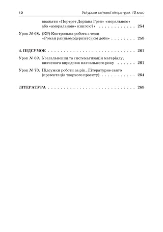 10	 Усі уроки світової літератури. 10 клас
вважати «Портрет Доріана Грея» «моральною»
або «аморальною» книгою?»  .  .  .  .  .  .  .  .  .  .  .  .  . 254
Урок № 68. (КР) Контрольна робота з теми
«Роман ранньомодерністської доби» .  .  .  .  .  .  .  .  . 258
4. Підсумок .  .  .  .  .  .  .  .  .  .  .  .  .  .  .  .  .  .  .  .  .  .  .  .  .  .  .  .  . 261
Урок № 69. Узагальнення та систематизація матеріалу,
вивченого впродовж навчального року  .  .  .  .  .  .  . 261
Урок № 70. Підсумки роботи за рік. Літературне свято
(презентація творчого проекту) .  .  .  .  .  .  .  .  .  .  .  . 264
Література .  .  .  .  .  .  .  .  .  .  .  .  .  .  .  .  .  .  .  .  .  .  .  .  .  .  .  .  . 268
 