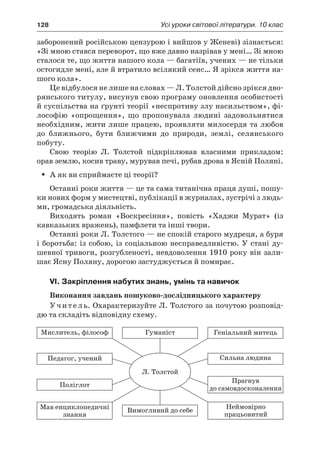 128	 Усі уроки світової літератури. 10 клас
заборонений російською цензурою і вийшов у Женеві) зізнається:
«Зі мною стався переворот, що вже давно назрівав у мені… Зі мною
сталося те, що життя нашого кола — багатіїв, учених — не тільки
остогидле мені, але й втратило всілякий сенс… Я зрікся життя на-
шого кола».
Це відбулося не лише на словах — Л. Толстой дійсно зрікся дво-
рянського титулу, висунув свою програму оновлення особи­стості
й суспільства на ґрунті теорії «неспротиву злу насильством», фі-
лософію «опрощення», що пропонувала людині задовольнятися
необхідним, жити лише працею, проявляти милосердя та любов
до ближнього, бути ближчими до природи, землі, селянського
побуту.
Свою теорію Л.  Толстой підкріплював власними прикладом:
орав землю, косив траву, мурував печі, рубав дрова в Ясній Поляні.
А як ви сприймаєте ці теорії?ŠŠ
Останні роки життя — це та сама титанічна праця душі, пошу-
ки нових форм у мистецтві, публікації в журналах, зустрічі з людь-
ми, громадська діяльність.
Виходять роман «Воскресіння», повість «Хаджи Мурат» (із
кавказьких вражень), памфлети та інші твори.
Останні роки Л. Толстого — не спокій старого мудреця, а буря
і боротьба: із собою, із соціальною несправедливістю. У стані ду-
шевної тривоги, розгубленості, невдоволення 1910 року він зали-
шає Ясну Поляну, дорогою застуджується й помирає.
VI. Закріплення набутих знань, умінь та навичок
Виконання завдань пошуково-дослідницького характеру
Учитель. Охарактеризуйте Л. Толстого за почутою розповід-
дю та складіть відповідну схему.
 