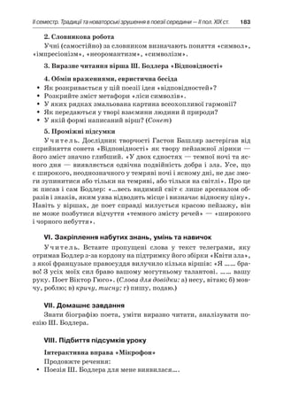 ІI семестр. Традиції та новаторські зрушення в поезії середини — II пол. XIX ст.	 183
2. Словникова робота
Учні (самостійно) за словником визначають поняття «символ»,
«імпресіонізм», «неоромантизм», «символізм».
3. Виразне читання вірша Ш. Бодлера «Відповідності»
4. Обмін враженнями, евристична бесіда
Як розкривається у цій поезії ідея «відповідностей»?ŠŠ
Розкрийте зміст метафори «ліси символів».ŠŠ
У яких рядках змальована картина всеохопливої гармонії?ŠŠ
Як передаються у творі взаємини людини й природи?ŠŠ
У якій формі написаний вірш? (ŠŠ Сонет)
5. Проміжні підсумки
Учитель. Дослідник творчості Гастон Башляр застерігав від
сприйняття сонета «Відповідності» як твору пейзажної лірики —
його зміст значно глибший. «У двох єдностях — темної ночі та яс-
ного дня — виявляється одвічна подвійність добра і зла. Усе, що
є широкого, неоднозначного у темряві ночі і ясному дні, не дає змо-
ги зупинитися або тільки на темряві, або тільки на світлі». Про це
ж писав і сам Бодлер: «…весь видимий світ є лише арсеналом об-
разів і знаків, яким уява відводить місце і визначає відносну ціну».
Навіть у віршах, де поет справді милується красою пейзажу, він
не може позбутися відчуття «темного змісту речей» — «широкого
і чорного небуття».
VI. Закріплення набутих знань, умінь та навичок
Учитель. Вставте пропущені слова у  текст телеграми, яку
отримав Бодлер з-за кордону на підтримку його збірки «Квіти зла»,
з якої французьке правосуддя вилучило кілька віршів: «Я …… бра-
во! З усіх моїх сил браво вашому могутньому талантові. …… вашу
руку. Поет Віктор Гюго». (Слова для довідки: а) несу, вітаю; б) мов-
чу, роблю; в) кричу, тисну; г) пишу, подаю.)
VIІ. Домашнє завдання
Знати біографію поета, уміти виразно читати, аналізувати по-
езію Ш. Бодлера.
VIIІ. Підбиття підсумків уроку
Інтерактивна вправа «Мікрофон»
Продовжте речення:
Поезія Ш. Бодлера для мене виявилася….yy
 