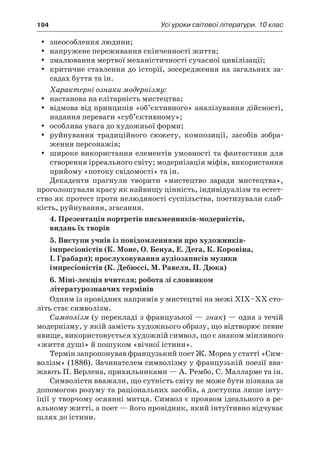 194	 Усі уроки світової літератури. 10 клас
знеособлення людини;yy
напружене переживання скінченності життя;yy
змалювання мертвої механістичності сучасної цивілізації;yy
критичне ставлення до історії, зосередження на загальних за-yy
садах буття та ін.
Характерні ознаки модернізму:
настанова на елітарність мистецтва;yy
відмова від принципів «об’єктивного» аналізування дійсності,yy
надання переваги «суб’єктивному»;
особлива увага до художньої форми;yy
руйнування традиційного сюжету, композиції, засобів зобра-yy
ження персонажів;
широке використання елементів умовності та фантастики дляyy
створення ірреального світу; модернізація міфів, використання
прийому «потоку свідомості» та ін.
Декаденти прагнули творити «мистецтво заради мистецтва»,
проголошували красу як найвищу цінність, індивідуалізм та естет-
ство як протест проти нелюдяності суспільства, поетизували слаб-
кість, руйнування, згасання.
4. Презентація портретів письменників-модерністів,
видань їх творів
5. Виступи учнів із повідомленнями про художників-
імпресіоністів (К. Моне, О. Бенуа, Е. Дега, К. Коровіна,
І. Грабаря); прослуховування аудіозаписів музики
імпресіоністів (К. Дебюссі, М. Равеля, П. Дюка)
6. Міні-лекція вчителя; робота зі словником
літературознавчих термінів
Одним із провідних напрямів у мистецтві на межі ХІХ–ХХ сто-
літь стає символізм.
Символізм (у перекладі з французької — знак) — одна з течій
модернізму, у якій замість художнього образу, що відтворює певне
явище, використовується художній символ, що є знаком мінливого
«життя душі» й пошуком «вічної істини».
Термін запропонував французький поет Ж. Мореа у статті «Сим-
волізм» (1886). Зачинателем символізму у французькій поезії вва-
жають П. Верлена, прихильниками — А. Рембо, С. Малларме та ін.
Символісти вважали, що сутність світу не може бути пізнана за
допомогою розуму та раціональних засобів, а доступна лише інту-
їції у творчому осяянні митця. Символ є проявом ідеального в ре-
альному житті, а поет — його провідник, який інтуїтивно відчуває
шлях до істини.
 