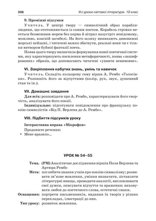 206	 Усі уроки світової літератури. 10 клас
9. Проміжні підсумки
Учитель. У  центрі твору  — символічний образ корабля-
людини, що ототожнюється із самим поетом. Корабель стрімко не-
сеться безмежним морем без керма й вітрил назустріч невідомому,
можливо, власній загибелі. На його шляху виникають дивовижні
морські пейзажі, і читачеві важко збагнути, реальні вони чи є тіль-
ки витвором буйної фантазії поета.
Поява цього твору визначила формування нової поетичної систе-
ми, яку характеризують посилення метафоричності, поява «зашиф-
рованих» образів, що допомагають читачеві «уявити невимовне».
VI. Закріплення набутих знань, умінь та навичок
Учитель. Складіть кольорову гаму вірша А. Рембо «Голосів-
ки». Розпишіть його за відчуттями (колір, рух, звук, душевний
стан та ін.).
VII. Домашнє завдання
Для всіх: розповідати про А. Рембо, характеризувати його твор-
чість, аналізувати його поезії.
Індивідуальне: підготувати повідомлення про французьку по-
езію символістів «Від П. Верлена до А. Рембо».
VIII. Підбиття підсумків уроку
Інтерактивна вправа «Мікрофон»
Продовжте речення:
Мене вразило…yy
Урок № 54–55
	Тема.	 (РМ) Аналітичне дослідження віршів Поля Верлена та
Артюра Рембо
	Мета:	 поглибити знання учнів про поезію символізму; розви-
вати зв’язне мовлення, уміння визначати, зіставляти
літературні явища, проводити аналогії, висловлювати
свої думки, описувати відчуття та враження; вихову-
вати любов до поетичного слова, естетичні смаки.
	Оснащення:	 портрети письменників, видання їх творів у різних
перекладах, ілюстрації до них.
	Тип уроку:	 розвиток мовлення.
 