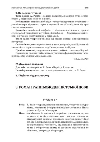 ІI семестр. Роман ранньомодерністської доби	 215
2. На допомогу учневі
Тема вірша А. Рембо «П’яний корабель»: мандри душі особи­
стості у світі своєї уяви та в житті.
Композиція: загибель команди → втрата керування кораблем →
уявні мандри ліричного героя в морській стихії → відмова від пра­
гматичного життя.
Конфлікт: зовнішній конфлікт — зіткнення ліричного героя зі
стихією та буденністю; внутрішній конфлікт — боротьба в душі ге-
роя, її духовне пробудження у світі мрій.
Зміст назви твору: сп’яніння від стихій життя; використання
метафори.
Символіка вірша: море-символ життя, почуттів, поезії; зелений
та синій кольори — символи надії на щасливе майбутнє.
Провідні мотиви: утвердження життя, свободи, гімн творчій уяві.
Пояснення ролі епітетів, розгорнутих метафор, порівнянь та ін-
ших засобів художньої виразності.
За Л. Богдан
IV. Домашнє завдання
Для всіх: читати роман Е. Золя «Кар’єра Ругонів».
Індивідуальне: підготувати повідомлення про життя Е. Золя.
V. Підбиття підсумків уроку
3. Роман ранньомодерністської доби
Урок № 57
	Тема.	 Е. Золя — французький письменник, теоретик натура-
лізму. Життєвий і творчий шлях письменника. Цикл
романів «Ругон-Маккари»
	Мета:	 ознайомити із життям і творчістю письменника, ви-
кликатидонихінтерес;датипоняттяпронатуралізмяк
літературний напрям; розвивати навички самостійної
роботи з літературою, сприйняття інформації на слух,
виокремлення головного, оцінювання літературних
явищ з обґрунтуванням; виховувати прагнення до
пізнання, інтерес до літератури.
 
