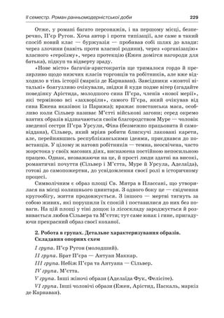ІI семестр. Роман ранньомодерністської доби	 229
Отже, у романі багато персонажів, і на першому місці, безпе-
речно, П’єр Ругон. Хоча автор і проти типізації, але саме в такий
спосіб новий клас  — буржуазія  — пробивав собі шлях до влади:
через злочини (навіть проти власної родини), через «організацію»
власного «героїзму», через протекцію (Ежен домігся нагороди для
батька), підкуп та відверту зраду.
«Нове місто» багачів-аристократів ще трималося гордо й пре-
зирливо щодо нижчих класів торговців та робітників, але вже від-
ходило в тінь історії (маркіз де Карнаван). Завсідники «жовтої ві-
тальні» боягузливо очікували, звідки й куди подме вітер (згадайте
поведінку Арістида, молодшого сина П’єра, членів «нової мерії»,
які терміново всі «захворіли», самого П’єра, який очікував від
сина Ежена вказівок із Парижа); вражає повстанська маса, особ­
ливо коли Сільвер називає М’єтті військові загони; серед окремо
взятих образів відзначаються своїм благородством Муре — чоловік
зведеної сестри П’єра Урсули, Фіна (безмежно працьовита й само-
віддана), Сільвер, який мріяв робити блискучі лаковані карети,
але, перейнявшись республіканськими ідеями, приєднався до по-
встанців. У цілому ж натовп робітників — темна, неосвічена, часто
жорстока у своїх масових діях, виснажена постійною непосильною
працею. Однак, незважаючи на це, й прості люди здатні на високі,
романтичні почуття (Сільвер і М’єтта, Муре й Урсула, Аделаїда),
готові до самопожертви, до усвідомлення своєї ролі в історичному
процесі.
Символічним є образ площі Св. Митра в Плассані, що утвори-
лася на місці колишнього цвинтаря. З одного боку це — свідчення
кругообігу, життя продовжується. З  іншого  — мертві тягнуть за
собою живих, які порушили їх спокій і поставилися до них без по-
ваги. На цій площі у тіні дощок із лісоскладу зароджується й роз-
вивається любов Сільвера та М’єтти; тут саме юнак і гине, пригаду-
ючи прекрасний образ своєї коханої.
2. Робота в групах. Детальне характеризування образів.
Складання опорних схем
І група. П’єр Ругон (молодший).
ІІ група. Брат П’єра — Антуан Маккар.
ІІІ група. Небіж П’єра та Антуана — Сільвер.
IV група. М’єтта.
V група. Інші жіночі образи (Аделаїда Фук, Фелісіте).
VI група. Інші чоловічі образи (Ежен, Арістид, Паскаль, маркіз
де Карнаван).
 