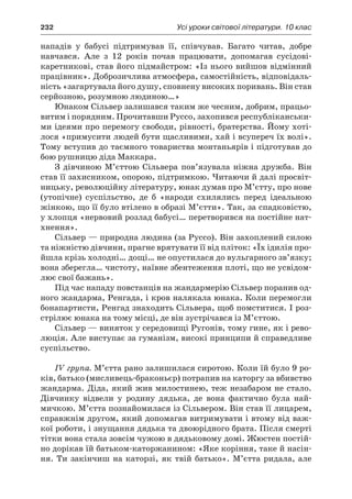 232	 Усі уроки світової літератури. 10 клас
нападів у  бабусі підтримував її, співчував. Багато читав, добре
навчався. Але з  12 років почав працювати, допомагав сусідові-
каретникові, став його підмайстром: «Із нього вийшов відмінний
працівник». Доброзичлива атмосфера, самостійність, відповідаль-
ність «загартувала його душу, сповнену високих поривань. Він став
серйозною, розумною людиною…»
Юнаком Сільвер залишався таким же чесним, добрим, працьо-
витим і порядним. Прочитавши Руссо, захопився республіканськи-
ми ідеями про перемогу свободи, рівності, братерства. Йому хоті-
лося «примусити людей бути щасливими, хай і всупереч їх волі».
Тому вступив до таємного товариства монтаньярів і підготував до
бою рушницю діда Маккара.
З дівчиною М’єттою Сільвера пов’язувала ніжна дружба. Він
став її захисником, опорою, підтримкою. Читаючи й далі просвіт-
ницьку, революційну літературу, юнак думав про М’єтту, про нове
(утопічне) суспільство, де б  «народи схилялись перед ідеальною
жінкою, що її було втілено в образі М’єтти». Так, за спадковістю,
у хлопця «нервовий розлад бабусі… перетворився на постійне нат­
хнення».
Сільвер — природна людина (за Руссо). Він захоплений силою
та ніжністю дівчини, прагне врятувати її від пліток: «Їх ідилія про-
йшла крізь холодні… дощі… не опустилася до вульгарного зв’язку;
вона зберегла… чистоту, наївне збентеження плоті, що не усвідом-
лює свої бажань».
Під час нападу повстанців на жандармерію Сільвер поранив од-
ного жандарма, Ренгада, і кров налякала юнака. Коли перемогли
бонапартисти, Ренгад знаходить Сільвера, щоб помститися. І роз-
стрілює юнака на тому місці, де він зустрічався із М’єттою.
Сільвер — виняток у сере­до­вищі Ругонів, тому гине, як і рево-
люція. Але виступає за гуманізм, високі принципи й справедливе
суспільство.
IV група. М’єтта рано залишилася сиротою. Коли їй було 9 ро-
ків, батько (мисливець-браконьєр) потрапив на каторгу за вбивство
жандарма. Діда, який жив милостинею, теж незабаром не стало.
Дівчинку відвели у  родину дядька, де вона фактично була най-
мичкою. М’єтта познайомилася із Сільвером. Він став її лицарем,
справжнім другом, який допомагав витримувати і втому від важ-
кої роботи, і знущання дядька та двоюрідного брата. Після смерті
тітки вона стала зовсім чужою в дядьковому домі. Жюстен постій-
но дорікав їй батьком-каторжанином: «Яке коріння, таке й насін-
ня. Ти закінчиш на каторзі, як твій батько». М’єтта ридала, але
 
