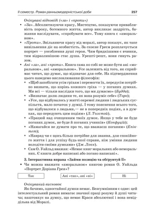 ІI семестр. Роман ранньомодерністської доби	 257
Очікувані відповіді («за» і «проти»)
«За».yy Абсолютизуючи красу, Мистецтво, показуючи привабли-
вість пороку, богемного життя, автор викликає заздрість, ба-
жання наслідувати, «спробувати все». Тому книга є «амораль-
ною».
«Проти».yy Звільняючи красу від моралі, автор показує, як таке
вивільнення діє на особистість. За скоєне Греєм розплачується
портрет — уособлення душі героя. Чим бридкішими є вчинки,
тим відразливішою стає душа. Урешті-решт, вони гинуть ра-
зом.
Ані «за», ані «проти».yy Книга сама по собі не може бути ані «мо-
ральною», ані «аморальною». Усе залежить від того, як сприй-
має читач, що думає, що відзначає для себе. На підтвердження
цього наведемо висловлювання філософів:
	 «Щоб запобігати усім гріхам і перемогти їх, передусім потріб-
но визнати, що корінь кожного гріха — у поганих думках.
Ми всі — тільки наслідки того, що ми думаємо» (Будда);
	 «Визначає долю людини те, як вона розуміє себе» (Торо);
	 «Усе, що відбувалось у житті окремої людини і людських сус-
пільств, мало початок у думці. І тому пояснення всього того,
що відбувалося з людьми,— не в попередніх подіях, а в дум-
ках, що передують цим подіям» (Л. Толстой).
	 «Працюй над очищенням твоїх думок. Якщо у тебе не буде
поганих думок, не буде й поганих учинків» (Конфуцій);
	 «Намагайся не думати про те, що вважаєш поганим» (Епік-
тет);
	 «Навряд чи є щось більш потрібне для знання, для спокійно-
го життя і для успіху будь-якої справи, ніж уміння людини
володіти своїми думками» (Дж. Локк).
	 Сам О. Уайльд вважав: «Немає книг моральних або немораль-
них. Є книги добре написані або погано написані».
3. Інтерактивна вправа «Займи позицію та обґрунтуй її»
Чи можна вважати «аморальною» книгою роман О. УайльдаŠŠ
«Портрет Доріана Грея»?
Так Ані «так», ані «ні» Ні
Очікуваний висновок
Як бачимо, одностайної думки немає. Безсумнівним є одне: цей
інтелектуальний роман вимагає значної праці розуму й душі чита-
ча; наштовхує на думку, що немає Краси абсолютної і вона невід-
дільна від Моралі.
 