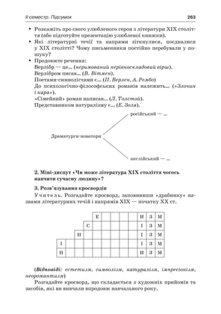 ІI семестр. Підсумок	 263
Розкажіть про свого улюбленого героя з літератури ХІХ століт-ŠŠ
тя (або підготуйте презентацію улюбленої книжки).
Які літературні течії та напрями зіткнулися, поєдналисяŠŠ
у ХІХ столітті? Чому письменники постійно перебували у по-
шуку?
Продовжте речення:ŠŠ
Верлібр — це… (неримований нерівноскладовий вірш).
Верлібром писав… (В. Вітмен).
Поетами-символістами є… (П. Верлен, А. Рембо)
До психологічно-філософських романів належить… («Злочин
і кара»).
«Сімейний» роман написав… (Л. Толстой).
Представником натуралізму є… (Е. Золя).
2. Міні-диспут «Чи може література ХІХ століття чогось
навчити сучасну людину»?
3. Розв’язування кросвордів
Учитель. Розгадайте кросворд, заповнивши «драбинку» на-
звами літературних течій і напрямів XIX — початку XX ст.
Е И З М
С І З М
Н І З М
І І З М
Н И З М
(Відповіді: естетизм, символізм, натуралізм, імпресіонізм,
неоромантизм)
Розгадайте кросворд, що складається з художніх прийомів та
засобів, які ви вивчали впродовж навчального року.
 