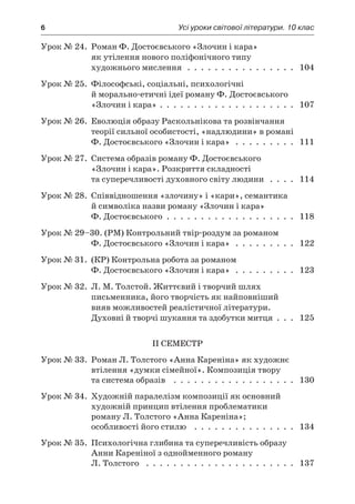 6	 Усі уроки світової літератури. 10 клас
Урок № 24. Роман Ф. Достоєвського «Злочин і кара»
як утілення нового поліфонічного типу
художнього мислення  .  .  .  .  .  .  .  .  .  .  .  .  .  .  .  .  . 104
Урок № 25. Філософські, соціальні, психологічні
й морально-етичні ідеї роману Ф. Достоєвського
«Злочин і кара» .  .  .  .  .  .  .  .  .  .  .  .  .  .  .  .  .  .  .  .  . 107
Урок № 26. Еволюція образу Раскольнікова та розвінчання
теорії сильної особистості, «надлюдини» в романі
Ф. Достоєвського «Злочин і кара»  .  .  .  .  .  .  .  .  .  . 111
Урок № 27. Система образів роману Ф. Достоєвського
«Злочин і кара». Розкриття складності
та суперечливості духовного світу людини  .  .  .  .  . 114
Урок № 28. Співвідношення «злочину» і «кари», семантика
й символіка назви роману «Злочин і кара»
Ф. Достоєвського .  .  .  .  .  .  .  .  .  .  .  .  .  .  .  .  .  .  .  . 118
Урок № 29–30. (РМ) Контрольний твір-роздум за романом
Ф. Достоєвського «Злочин і кара»  .  .  .  .  .  .  .  .  .  . 122
Урок № 31. (КР) Контрольна робота за романом
Ф. Достоєвського «Злочин і кара»  .  .  .  .  .  .  .  .  .  . 123
Урок № 32. Л. М. Толстой. Життєвий і творчий шлях
письменника, його творчість як найповніший
вияв можливостей реалістичної літератури.
Духовні й творчі шукання та здобутки митця .  .  .  . 125
II семестр
Урок № 33. Роман Л. Толстого «Анна Кареніна» як художнє
втілення «думки сімейної». Композиція твору
та система образів  .  .  .  .  .  .  .  .  .  .  .  .  .  .  .  .  .  .  . 130
Урок № 34. Художній паралелізм композиції як основний
художній принцип втілення проблематики
роману Л. Толстого «Анна Кареніна»;
особливості його стилю  .  .  .  .  .  .  .  .  .  .  .  .  .  .  .  . 134
Урок № 35. Психологічна глибина та суперечливість образу
Анни Кареніної з однойменного роману
Л. Толстого  .  .  .  .  .  .  .  .  .  .  .  .  .  .  .  .  .  .  .  .  .  .  . 137
 