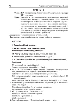 76	 Усі уроки світової літератури. 10 клас
Урок № 15
	Тема.	 (КР)Контрольнароботаз теми«Французькалітература
ХІХ століття»
	Мета:	 повторити, систематизувати й узагальнити вивчений
навчальний матеріал; виявити рівень знань, умінь та
навичок учнів із метою контролю та корекції; удоско­
налювати навички зв’язного писемного мовлення,
творче, аналітичне мислення, уміння зіставляти літе-
ратурні явища з явищами реального життя; висловлю-
вати власні судження та обґрунтовувати їх; виховувати
кращі моральні якості, гуманізм.
	Оснащення:	 тестові завдання (2 варіанти).
	Тип уроку:	 контроль і корекція знань, умінь та навичок.
Хід уроку
I. Організаційний момент
II. Оголошення теми та мети уроку.
Мотивація навчальної діяльності
III. Контроль і корекція знань, умінь та навичок
1. Інструктаж до виконання тестових завдань
2. Написання контрольної роботи (виконуються всі завдання)
Варіант I
Початковий та середній рівні
(кожна правильна відповідь — 1 бал)
1.	Як до Жульєна Сореля, героя роману Стендаля «Червоне і чор-
не», ставилася його родина в дитинстві та юнацтві?
а)	Із любов’ю, пишалася його успіхами у навчанні;
б)	із ненавистю, адже вважали тягарем — не здатен був до фі-
зичної праці;
в)	не звертали уваги, були байдужими до його мрій та проблем.
2.	Навчаючись у Безансонській гімназії, Жульєн Сорель намагався:
а) стати як усі;
б) виділитись своїми ґрунтовними знаннями;
в) плазувати перед начальством.
3.	«Людська комедія» Бальзака — це:
а) соціально-психологічний роман;
б) велика серія творів;
в) збірка поезій.
4.	Допишіть речення: «Психологічний роман — це…»
 
