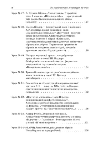 8	 Усі уроки світової літератури. 10 клас
Урок № 47. В. Вітмен. Збірка «Листя трави», її провідні
теми й мотиви. «Пісня про себе» — програмовий
твір поета. Звернення до вільного вірша
(верлібру)  .  .  .  .  .  .  .  .  .  .  .  .  .  .  .  .  .  .  .  .  .  .  .  . 177
Урок № 48. Шарль Бодлер — французький поет II половини
XIX століття, пізній романтик і один
із зачинателів символізму. Життєвий і творчий
шлях письменника. Світогляд та естетичні
погляди Бодлера й збірка «Квіти зла».
Протиставлення дійсності й ідеалу як семантико-
образна вісь збірки. Тлумачення предметних
образів як «видимих знаків» ідей, почуттів,
душевних станів («Відповідності») .  .  .  .  .  .  .  .  .  . 180
Урок № 49. Пошуки «сучасної краси», «видобування
краси зі зла» в поезії Ш. Бодлера.
Філігранність поетичної техніки, формальна
довершеність і сугестивність вірша
«Вечорова гармонія» .  .  .  .  .  .  .  .  .  .  .  .  .  .  .  .  .  . 184
Урок № 50. Традиції та новаторство розв’язання проблеми
«поет і натовп» у поезії Ш. Бодлера
«Альбатрос» .  .  .  .  .  .  .  .  .  .  .  .  .  .  .  .  .  .  .  .  .  .  . 187
Урок № 51. Символізм як літературний напрям останньої
третини ХІХ — початку ХХ століття. Основні
естетичні принципи та поетичне новаторство
символістів  .  .  .  .  .  .  .  .  .  .  .  .  .  .  .  .  .  .  .  .  .  .  . 192
Урок № 52. «Поетичне мистецтво» Поля Верлена
як віршований маніфест символізму.
Художньо-смислове новаторство «поезії душі»
П. Верлена. Сугестивний характер віршів
«Забуті арієти» та «Так тихо серце плаче…»  .  .  .  . 196
Урок № 53. Артюр Рембо. Художній світ поезії.
Асоціативно-чуттєва картина Всесвіту у віршах
«Відчуття», «Голосівки». Розкодування змісту
у вірші «П’яний корабель»  .  .  .  .  .  .  .  .  .  .  .  .  .  . 201
Урок № 54–55. (РМ) Аналітичне дослідження віршів
Поля Верлена та Артюра Рембо .  .  .  .  .  .  .  .  .  .  .  . 206
 