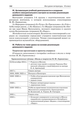 162	 Все уроки литературы. 10 класс
III. Активизация учебной деятельности и создание
особого эмоционального настроя на основе реализации
домашнего задания
Выступают учащиеся 1-й группы с подготовленными лите-
ратурным монтажом, в котором использованы стихотворения
М. Ю. Лермонтова.
1)«Бородино»(отрывок);2)«Тучи»;3)«Трипальмы»;4) «Утёс»;
5) На севере диком…»; 6) «Кавказ»; 7) «Мцыри» (отрывок); 8) «Пес-
ня про царя Ивана Васильевича, молодого опричника и удалого
купца Калашникова» (отрывок); 9) «Парус».
Методический комментарий. Количество стихотворений и по-
рядок их следования определяют учащиеся самостоятельно или
после консультаций с учителем. Чтение стихотворений может со-
провождаться музыкой (см. оборудование).
IV. Работа по теме урока на основе реализации
домашнего задания
Творческие презентации и проекты учащихся
(Учащиеся записывают в тетрадях сведения о жизни и твор-
честве М. Ю. Лермонтова.)
Хронологическая таблица «Жизнь и творчество М. Ю. Лермонтова»
3 (15) октября 1814 г. Родился в Москве;yy
детские годы провёл в имении Тарханы Пен-yy
зенской губернии у своей бабушки по матери
Е. А. Арсеньевой
1817 г. Смерть матери
1818, 1820, 1825 гг. Поездки в Пятигорск
1828–1830 гг. Учёба в благородном пансионе при Московскомyy
университете;
первые стихиyy
1828 г. Первые литературные опыты;yy
лирические стихиyy
1830–1832 гг. Учёба на нравственно-политическом отделении
Московского университета. Однокурсники:
В. Белинский, А. Герцен, И. Гончаров
1831 г. Смерть отца
1832 г. Оставляет университет и поступает в Школуyy
гвардейских подпрапорщиков в Петербурге;
незаконченный роман «Вадим»; стихотворениеyy
«Парус»
 