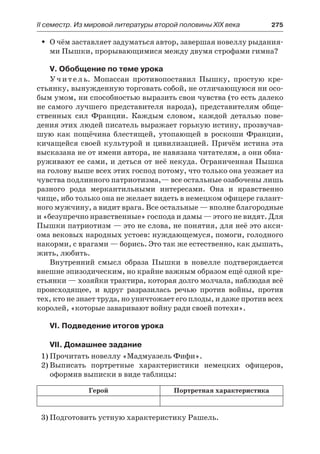 ІІ семестр. Из мировой литературы второй половины XIX века 	 275
О чём заставляет задуматься автор, завершая новеллу рыдания-ŠŠ
ми Пышки, прорывающимися между двумя строфами гимна?
V. Обобщение по теме урока
Учитель. Мопассан противопоставил Пышку, простую кре-
стьянку, вынужденную торговать собой, не отличающуюся ни осо-
бым умом, ни способностью выразить свои чувства (то есть далеко
не самого лучшего представителя народа), представителям обще-
ственных сил Франции. Каждым словом, каждой деталью пове-
дения этих людей писатель выражает горькую истину, прозвучав-
шую как пощёчина блестящей, утопающей в роскоши Франции,
кичащейся своей культурой и цивилизацией. Причём истина эта
высказана не от имени автора, не навязана читателям, а они обна-
руживают ее сами, и деться от неё некуда. Ограниченная Пышка
на голову выше всех этих господ потому, что только она уезжает из
чувства подлинного патриотизма,— все остальные озабочены лишь
разного рода меркантильными интересами. Она и нравственно
чище, ибо только она не желает видеть в немецком офицере галант-
ного мужчину, а видит врага. Все остальные — вполне благородные
и «безупречно нравственные» господа и дамы — этого не видят. Для
Пышки патриотизм — это не слова, не понятия, для неё это акси-
ома вековых народных устоев: нуждающемуся, помоги, голодного
накорми, с врагами — борись. Это так же естественно, как дышать,
жить, любить.
Внутренний смысл образа Пышки в новелле подтверждается
внешне эпизодическим, но крайне важным образом ещё одной кре-
стьянки — хозяйки трактира, которая долго молчала, наблюдая всё
происходящее, и вдруг разразилась речью против войны, против
тех, кто не знает труда, но уничтожает его плоды, и даже против всех
королей, «которые заваривают войну ради своей потехи».
VI. Подведение итогов урока
VII. Домашнее задание
1)	Прочитать новеллу «Мадмуазель Фифи».
2)	Выписать портретные характеристики немецких офицеров,
оформив выписки в виде таблицы:
Герой Портретная характеристика
3)	Подготовить устную характеристику Рашель.
 