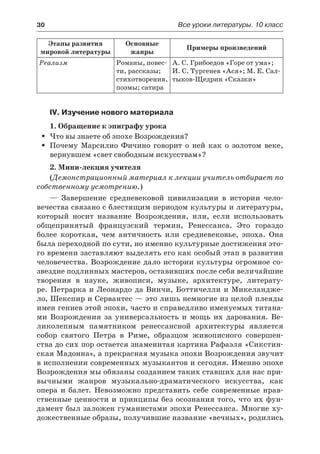 30	 Все уроки литературы. 10 класс
Этапы развития
мировой литературы
Основные
жанры
Примеры произведений
Реализм Романы, повес-
ти, рассказы;
стихотворения,
поэмы; сатира
А. С. Грибоедов «Горе от ума»;
И. С. Тургенев «Ася»; М. Е. Сал-
тыков-Щедрин «Сказки»
IV. Изучение нового материала
1. Обращение к эпиграфу урока
Что вы знаете об эпохе Возрождения?ŠŠ
Почему Марсилио Фичино говорит о ней как о золотом веке,ŠŠ
вернувшем «свет свободным искусствам»?
2. Мини-лекция учителя
(Демонстрационный материал к лекции учитель отбирает по
собственному усмотрению.)
— Завершение средневековой цивилизации в истории чело-
вечества связано с блестящим периодом культуры и литературы,
который носит название Возрождения, или, если использовать
общепринятый французский термин, Ренессанса. Это гораздо
более короткая, чем античность или средневековье, эпоха. Она
была переходной по сути, но именно культурные достижения это-
го времени заставляют выделять его как особый этап в развитии
человечества. Возрождение дало истории культуры огромное со-
звездие подлинных мастеров, оставивших после себя величайшие
творения в  науке, живописи, музыке, архитектуре, литерату-
ре. Петрарка и Леонардо да Винчи, Боттичелли и Микеландже-
ло, Шекспир и Сервантес — это лишь немногие из целой плеяды
имен гениев этой эпохи, часто и справедливо именуемых титана-
ми Возрождения за универсальность и мощь их дарования. Ве-
ликолепным памятником ренессансной архитектуры является
собор святого Петра в Риме, образцом живописного совершен-
ства до сих пор остается знаменитая картина Рафаэля «Сикстин-
ская Мадонна», а прекрасная музыка эпохи Возрождения звучит
в исполнении современных музыкантов и сегодня. Именно эпохе
Возрождения мы обязаны созданием таких ставших для нас при-
вычными жанров музыкально-драматического искусства, как
опера и балет. Невозможно представить себе современные нрав-
ственные ценности и принципы без осознания того, что их фун-
дамент был заложен гуманистами эпохи Ренессанса. Многие ху-
дожественные образы, получившие название «вечных», родились
 