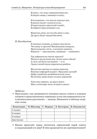 І семестр. Введение. Литература эпохи Возрождения	 61
И знать, что ходу совершенствам нет,
И видеть мощь у немощи в плену,
И вспоминать, что мысли замкнут рот,
И разум сносит глупости хулу,
И простодушье простотой слывёт,
И доброта прислуживает злу.
Измучась всем, не стал бы жить и дня,
Да другу будет трудно без меня.
В. Бенедиктов
Я жизнью утомлён, и смерть моя мечта.
Что вижу я кругом? Насмешками покрыта,
Проголодалась честь, в изгнанье правота,
Корысть — прославлена, неправда — знаменита.
Где добродетели святая красота?
Пошла в распутный дом, ей нет иного сбыта!
А сила где была последняя — и та
Среди слепой грозы параличом разбита.
Искусство сметено со сцены помелом,
Безумье кафедрой владеет. Праздник адский!
Добро ограблено разбойническим злом,
На истину давно надет колпак дурацкий.
Хотел бы умереть, но друга моего
Мне в этом мире жаль оставить одного
Задания
Проследите, как развивается основная мысль сонета в каждомŠŠ
катрене в представленных переводах и как она выражается в за-
ключительном двустишии — выводе. Запишите в таблицу опор-
ные слова.
Композиция В. Шекспир С. Маршак Б. Пастернак В. Бенедиктов
1 катрен
2 катрен
3 катрен
Двустишие
Каким предстаёт перед читателем лирический герой сонетаŠŠ
и окружающий его мир? В чём проявляется их противостояние?
 