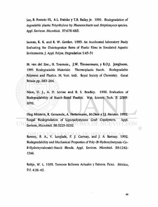 Lee, B. Pometo III, A.L. Fratzke y T.B. Bailey Jr. 1991. Biodégradation of
degradable plastic Polyethylene by Phanerochaete and Streptomyces species.
Appl. Environ. Microbiol. 57:678-685.
Leonas, K. K. and R. W. Gorden. 1993. An Accelerated Laboratory Study
Evaluating the Disintegration Rates of Plastic Films in Simulated Aquatic
Enviroments. J. Appl. Polym. Degradation 1:45-51
M. van del Zee., H. Tournois., J.W. Timmermans, y R.OJ. Jongboom.
1991 Biodegradable Materials: Thermoplastic Starch. Biodegradable
Polymers and Plastics. M. Vert. (ed). Royal Society of Chemistry. Great
Britain pp. 283-284.
Ndon, U. J., A. D. Levine and B. S. Bradley. 1992. Evaluation of
Biodegradability of Starch-Based Plastics. Wat. Science. Tech. 2: 2089-
2092.
Oleg Milstein, R. Gersonele, A. Hettermann, M.Chen y JJ. Meister. 1992.
Fungal Biodégradation of Lignopolystyrene Graft Copolymers. Appl.
Environ, Microbiol. 58:3225-3232.
Ramsay, B. A., V. Langlade, P. J. Carreay, and J. A. Ramsay. 1992.
Biodegradability and Mechanical Properties of Poly-(B-Hydroxybutyrate-Co-
B-Hydroxyvalerate)-Starch Blends. Appl. Environ. Microbiol. 59:1242-
1246.
Rathje, W. L. 1995. Terrenos Rellenos Actuales y Futuros. Flexo. Mexico,
D.F. 4:38-45.
 