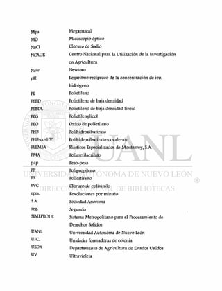 Mpa Megapascal
MO Micoscopio óptico
Naci Cloruro de Sodio
NCAUR Centro Nacional para la Utilización de la Investigación
en Agricultura
New Newtons
pH Logaritmo recíproco de la concentración de ion
hidrógeno
PE Polietileno
PEBD Polietileno de baja densidad
PEBDL Polietileno de baja densidad lineal
PEG Polietilenglicol
PEO Oxido de polietileno
PHB Polihidroxibutirato
PHB-co-HV Polihidroxibutirato-covalerato
PLEMSA Plásticos Especializados de Monterrey, S.A.
PMA Polimetilacrilato
p/p Peso-peso
PP Polipropileno
PS Poliestireno
FVC Cloruro de polivinilo
rpm. Revoluciones por minuto
S.A. Sociedad Anónima
seg. Segundo
SIMEPRODE Sistema Metropolitano para el Procesamiento de
Desechos Sólidos
UANL Universidad Autonóma de Nuevo León
UFC- Unidades formadoras de colonia
USDA Departamento de Agricultura de Estados Unidos
u v
Ultravioleta
 