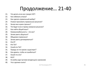 Продолжение… 21-40
21. Что делать если все говорят НЕТ!
22. Как избежать отказа?
23. Как сделать правильный выбор?
24. Учимся принимать правильные решения?
25. Зачем мне нужен тренинг?
26. Что будет если я приму неверное решение?
27. Как найти общий язык?
28. Коммуникабельность – это как?
29. Зачем уметь общаться?
30. Общаемся правильно!
31. Зачем уметь договариваться?
32. Кто Я?
33. Кто ТЫ?
34. Узнай кто ТЫ?
35. Правда ли что кризис существует?
36. Как думать, чтобы не ошибиться?
37. Узнай что это?
38. KU3?
39. На войну иду! (устами младенца) (с кризисом)
40. Что я должен знать!
(С) Пономарев И.П. 36
 