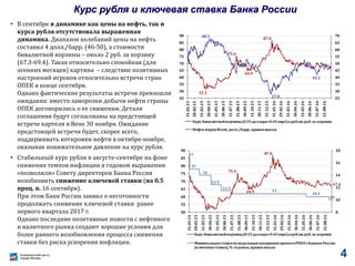 Курс рубля и ключевая ставка Банка России
• В сентябре в динамике как цены на нефть, так и
курса рубля отсутствовала выраженная
динамика. Диапазон колебаний цены на нефть
составил 4 долл./барр. (46-50), а стоимости
бивалютной корзины – около 2 руб. за корзину
(67.3-69.4). Такая относительно спокойная (для
осенних месяцев) картина – следствие позитивных
настроений игроков относительно встречи стран
ОПЕК в конце сентября.
Однако фактические результаты встречи превзошли
ожидания: вместо заморозки добычи нефти страны
ОПЕК договорились о ее снижении. Детали
соглашения будут согласованы на предстоящей
встрече картеля в Вене 30 ноября. Ожидание
предстоящей встречи будет, скорее всего,
поддерживать котировки нефти в октябре-ноябре,
оказывая понижательное давление на курс рубля.
• Стабильный курс рубля в августе-сентябре на фоне
снижения темпов инфляции в годовом выражении
«позволили» Совету директоров Банка России
возобновить снижение ключевой ставки (на 0.5
проц. п. 16 сентября).
При этом Банк России заявил о неготовности
продолжать снижение ключевой ставки ранее
первого квартала 2017 г.
Однако последние позитивные новости с нефтяного
и валютного рынка создают хорошие условия для
более раннего возобновления процесса снижения
ставки без риска ускорения инфляции.
51.1
75.4
64.9
87.0
68.3
27.8
42.2
25
30
35
40
45
50
55
60
65
70
45
50
55
60
65
70
75
80
85
90
31.01.15
28.02.15
31.03.15
30.04.15
31.05.15
30.06.15
31.07.15
31.08.15
30.09.15
31.10.15
30.11.15
31.12.15
31.01.16
29.02.16
31.03.16
30.04.16
31.05.16
30.06.16
31.07.16
31.08.16
Курс бивалютнойкорзины(0.55доллара+0.45евро)крублю,руб.за корзину
НефтьмаркиBrent, долл./барр.,правая шкала
75.4
64.9
87.0
67.4
17
15
14
12.5
11.5
11
10.5
10
8
10
12
14
16
18
50
55
60
65
70
75
80
85
90
31.01.15
28.02.15
31.03.15
30.04.15
31.05.15
30.06.15
31.07.15
31.08.15
30.09.15
31.10.15
30.11.15
31.12.15
31.01.16
29.02.16
31.03.16
30.04.16
31.05.16
30.06.16
31.07.16
31.08.16
Курс бивалютнойкорзины(0.55доллара+0.45евро)крублю,руб.за корзину
Минимальная ставкапо недельным аукционам прямогоРЕПО cБанком России
(ключевая ставка),% годовых,правая шкала
4
 