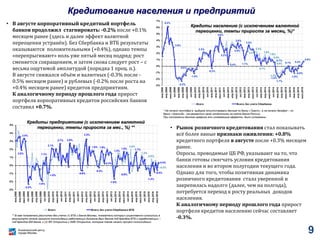 Кредитование населения и предприятий
• В августе корпоративный кредитный портфель
банков продолжил стагнировать: -0.2% после +0.1%
месяцем ранее (здесь и далее эффект валютной
переоценки устранён). Без Сбербанка и ВТБ результаты
оказываются положительными (+0.4%), однако темпы
«перепрыгивают» ноль уже пятый месяц подряд: рост
сменяется сокращением, и затем снова следует рост – с
весьма ощутимой амплитудой (порядка 1 проц. п.).
В августе снижался объём и валютных (-0.3% после -
0.5% месяцем ранее) и рублевых (-0.2% после роста на
+0.4% месяцем ранее) кредитов предприятиям.
К аналогичному периоду прошлого года прирост
портфеля корпоративных кредитов российских банков
составил +0.7%.
• Рынок розничного кредитования стал показывать
всё более явные признаки оживления: +0.8%
кредитного портфеля в августе после +0.3% месяцем
ранее.
Опросы, проводимые ЦБ РФ, указывают на то, что
банки готовы смягчать условия кредитования
населения и во втором полугодии текущего года.
Однако для того, чтобы позитивная динамика
розничного кредитования стала уверенной и
закрепилась надолго (далее, чем на полгода),
потребуется переход к росту реальных доходов
населения.
К аналогичному периоду прошлого года прирост
портфеля кредитов населению сейчас составляет
-0.3%.** В мае показатель рассчитан без учета (1) ВТБ и Банка Москвы, показатели которых существенно исказились в
результате начала процесса консолидации работающих бизнесов двух банков под брендом ВТБ и неработающих –
под брендом БМ-банка, и (2) ФК Открытие и ХМБ Открытие, которые также начали процесс консолидации
2.1%
2.5%
0.1%
1.8%
1.6%
0.9%
0.6%
-1.3%
6.2%
3.0%
-2.3%
-0.5%
-1.0%
2.2%
-0.3%
4.6%
2.2%
0.4%
2.9%
3.6%
1.1%
3.3%
0.7%
-1.4%
-1.7%
0.1%
-1.0%
-0.6%
0.4%
0.8%
-3%
-2%
-1%
0%
1%
2%
3%
4%
5%
6%
7%
янв.2008
апр.2008
июл.2008
окт.2008
янв.2009
апр.2009
июл.2009
окт.2009
янв.2010
апр.2010
июл.2010
окт.2010
янв.2011
апр.2011
июл.2011
окт.2011
янв.2012
апр.2012
июл.2012
окт.2012
янв.2013
апр.2013
июл.2013
окт.2013
янв.2014
апр.2014
июл.2014
окт.2014
янв.2015
апр.2015
июл.2015
окт.2015
янв.2016
апр.2016
июл.2016
Всего Всего, без учета Сбербанка
Кредиты населению (с исключением валютной
переоценки, темпы прироста за месяц, %)*
2.0%
1.3%
0.8%
-0.2%
2.0%
3.4%
-2.2%
-1.6%
1.1%
-1.0%
2.1%
2.7% 2.8%
-0.6%
3.3%
1.8%
-0.2%
1.9%
0.3%
-1.6%
1.3%
1.8%
-0.9%
1.7%
-1.2%
-0.5%
0.4%
-3%
-2%
-1%
0%
1%
2%
3%
4%
5%
янв.2008
апр.2008
июл.2008
окт.2008
янв.2009
апр.2009
июл.2009
окт.2009
янв.2010
апр.2010
июл.2010
окт.2010
янв.2011
апр.2011
июл.2011
окт.2011
янв.2012
апр.2012
июл.2012
окт.2012
янв.2013
апр.2013
июл.2013
окт.2013
янв.2014
апр.2014
июл.2014
окт.2014
янв.2015
апр.2015
июл.2015
окт.2015
янв.2016
апр.2016
июл.2016
Всего Всего, без учета Сбербанка и ВТБ
Кредиты предприятиям (с исключением валютной
переоценки, темпы прироста за мес., %) **
* На начало сентября в выборке отсутствовали данные по банку «Траст», а на начало декабря – по
банку »Уралсиб» (не разместил свою отчётность на сайте Банка России).
При построении данного графика эти искажающие эффекты были устранены.
9
 